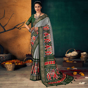 Green Festive Wear Striped Printed With Foil Border Dola Silk Saree - Peachmode