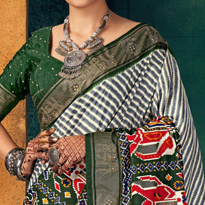 Green Festive Wear Striped Printed With Foil Border Dola Silk Saree - Peachmode