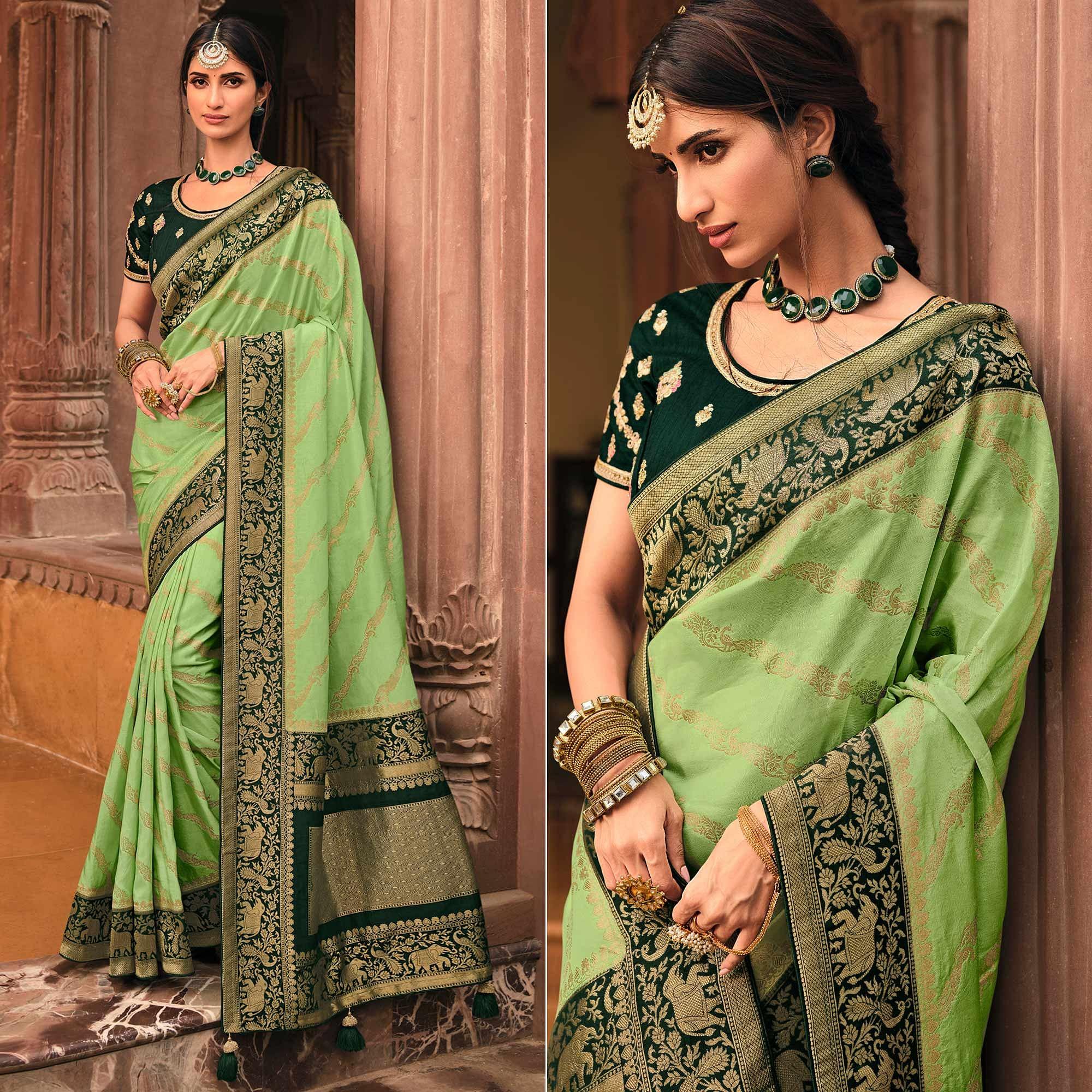 Green Festive Wear Striped Woven Silk Saree - Peachmode