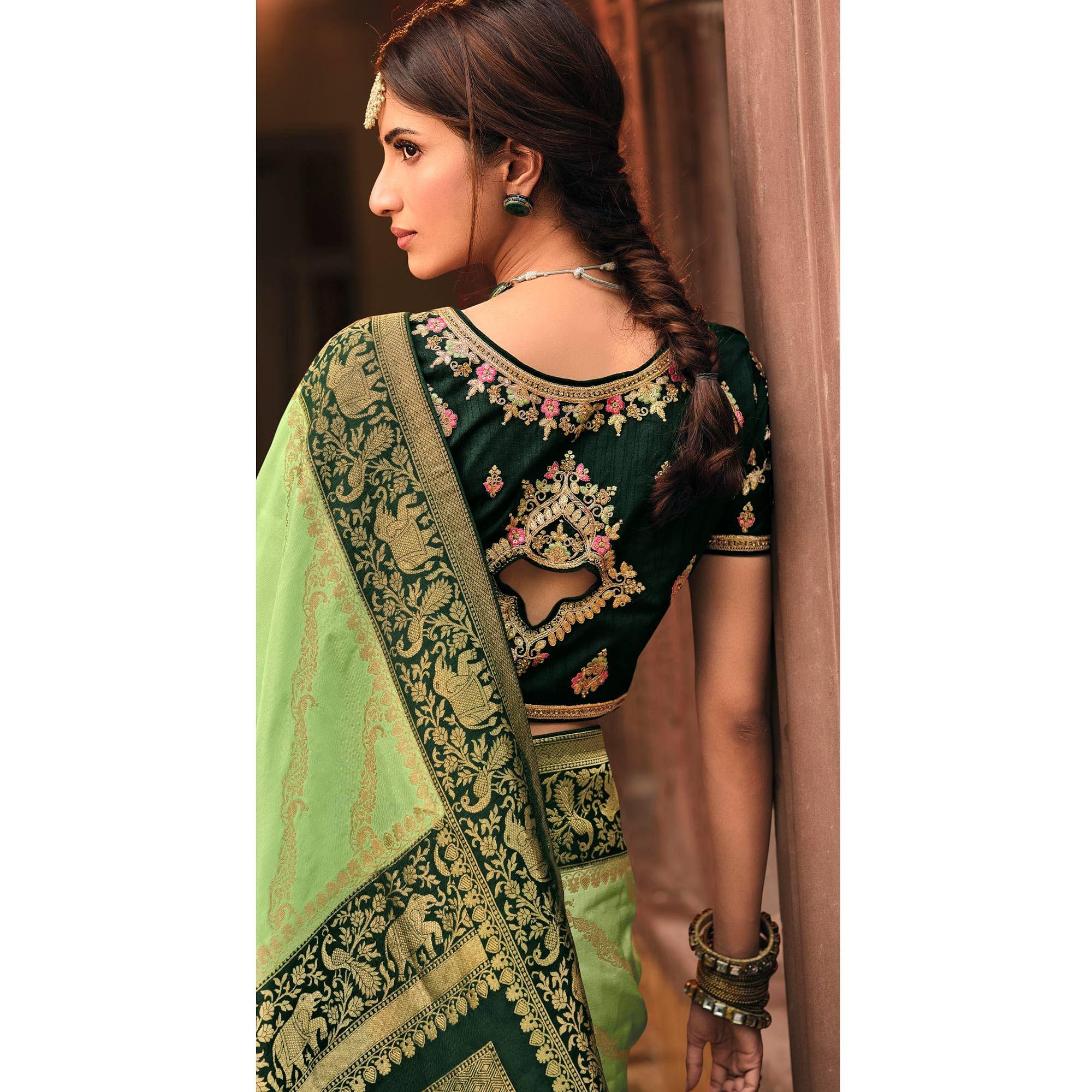 Green Festive Wear Striped Woven Silk Saree - Peachmode