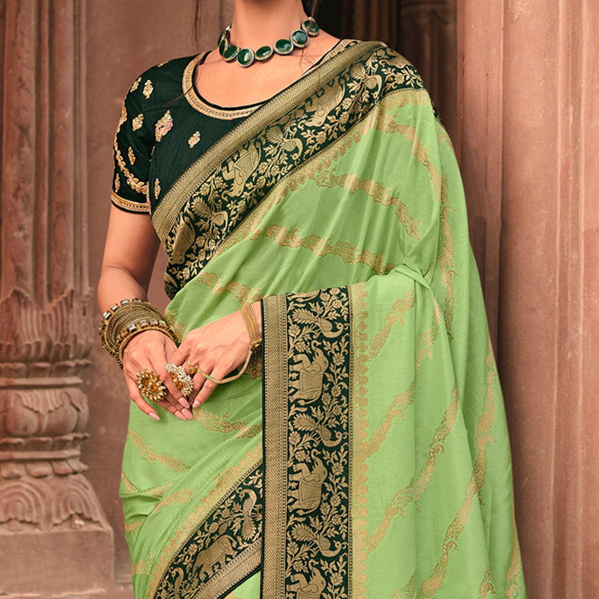 Green Festive Wear Striped Woven Silk Saree - Peachmode