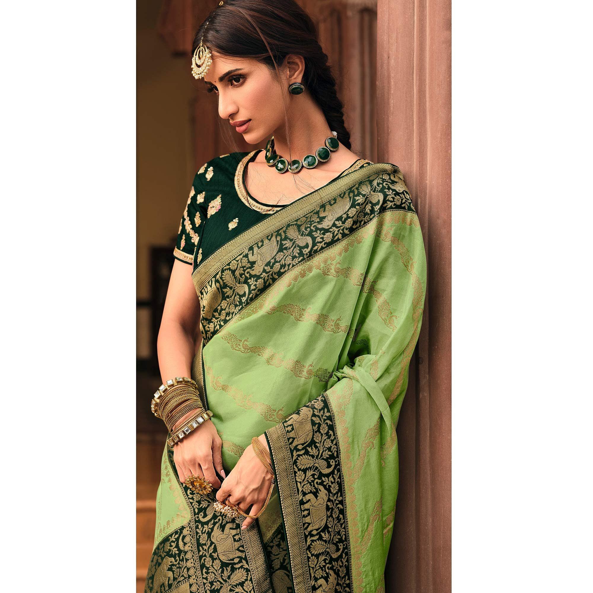 Green Festive Wear Striped Woven Silk Saree - Peachmode