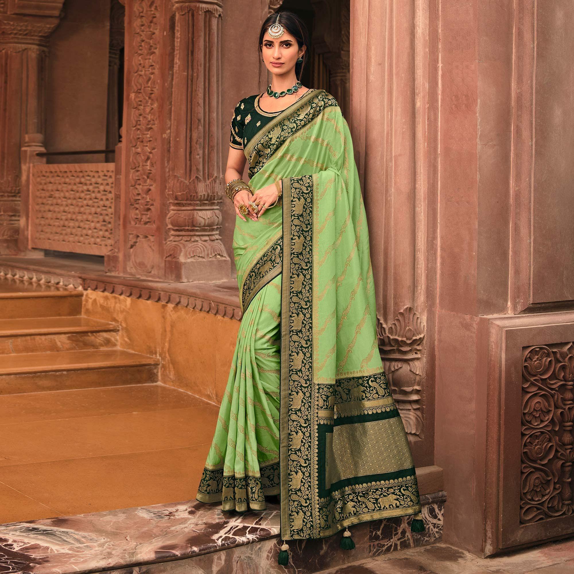 Green Festive Wear Striped Woven Silk Saree - Peachmode