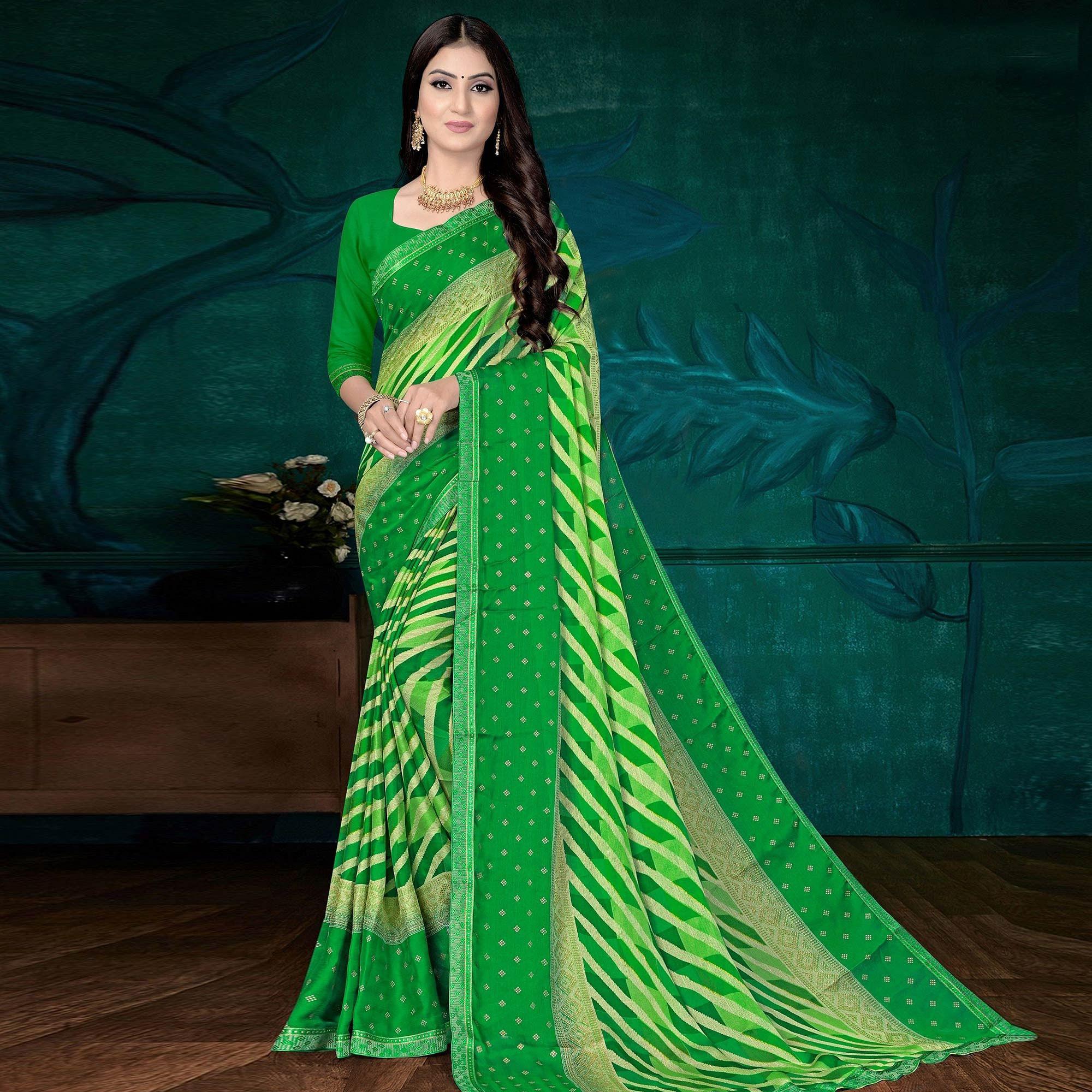 Green Festive Wear Stripes Printed Work Chiffon Designer Saree - Peachmode