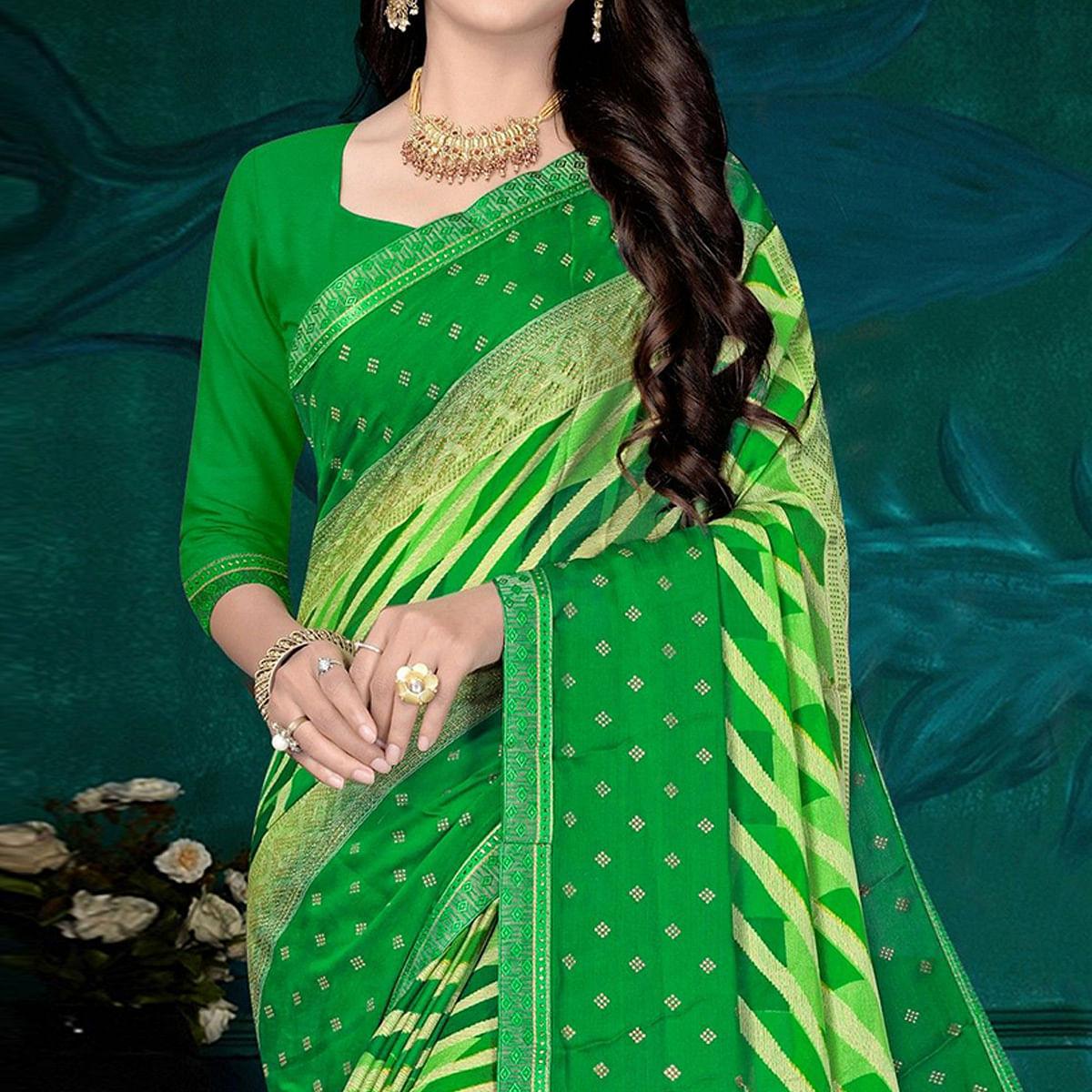 Green Festive Wear Stripes Printed Work Chiffon Designer Saree - Peachmode