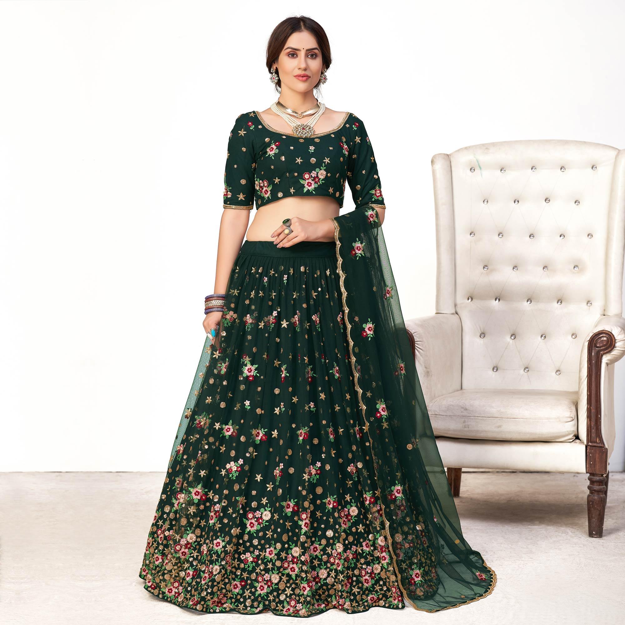 Green Festive Wear Thread With Floral Sequence Embroidered Net Lehenga Choli - Peachmode