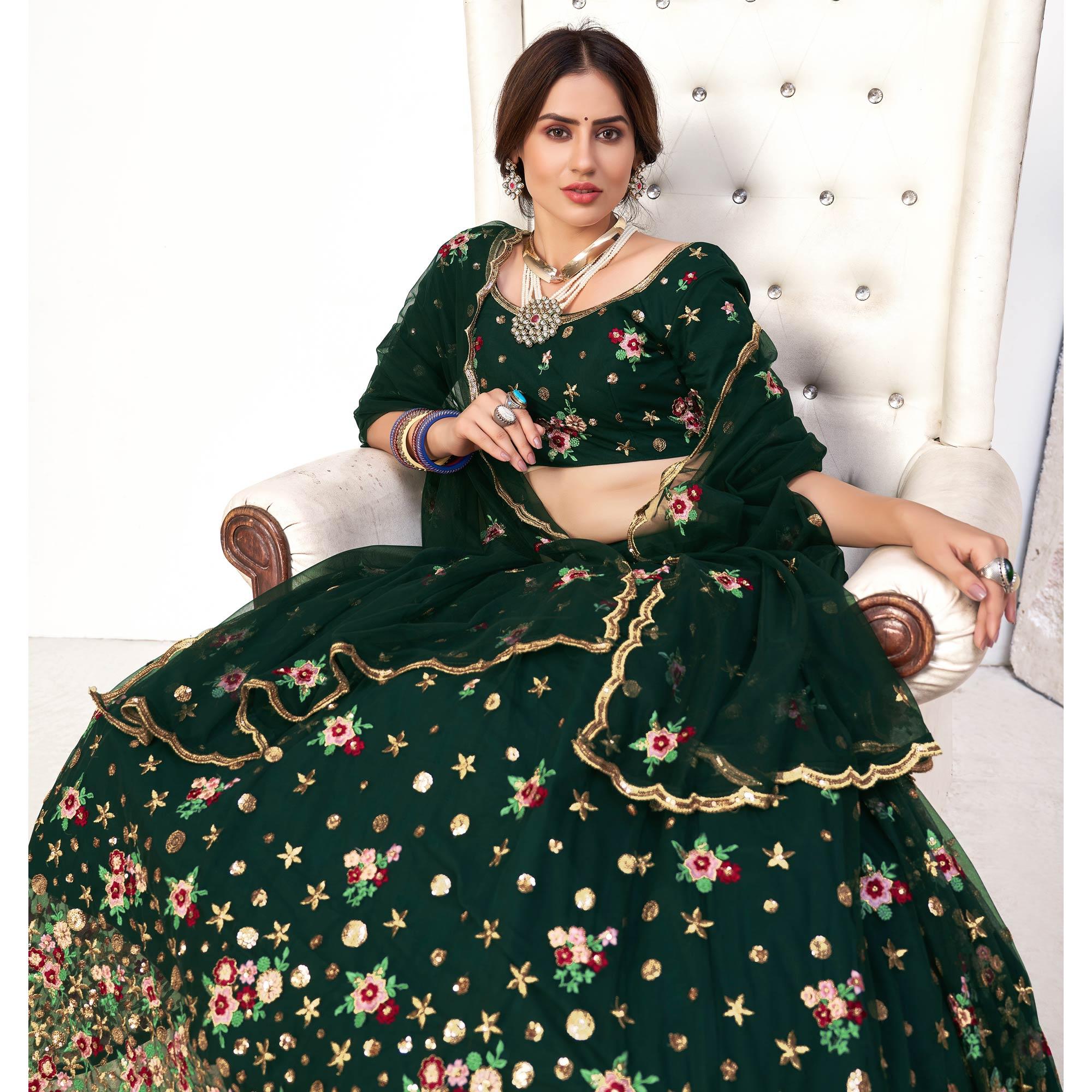 Green Festive Wear Thread With Floral Sequence Embroidered Net Lehenga Choli - Peachmode