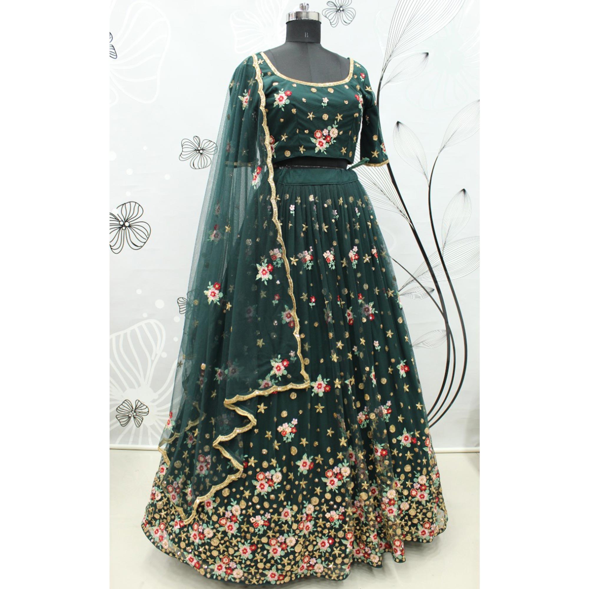 Green Festive Wear Thread With Floral Sequence Embroidered Net Lehenga Choli - Peachmode