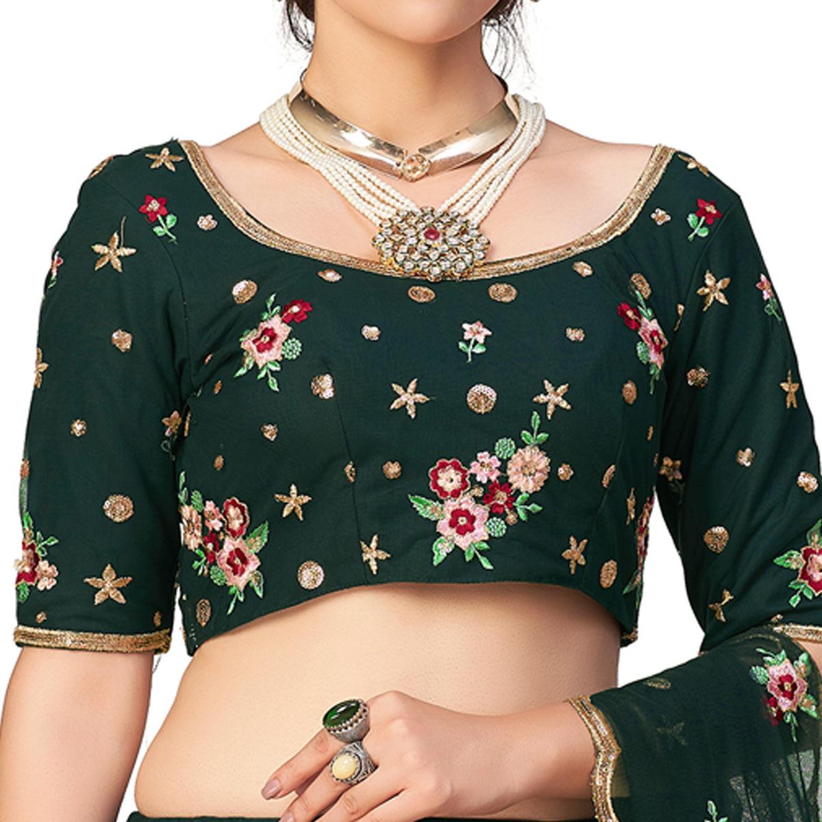 Green Festive Wear Thread With Floral Sequence Embroidered Net Lehenga Choli - Peachmode