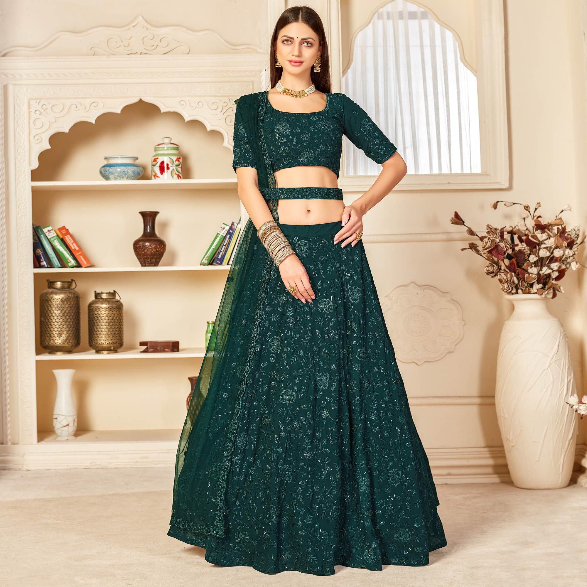 Green Festive Wear Thread with Sequence Embroidered Georgette Lehenga Choli - Peachmode