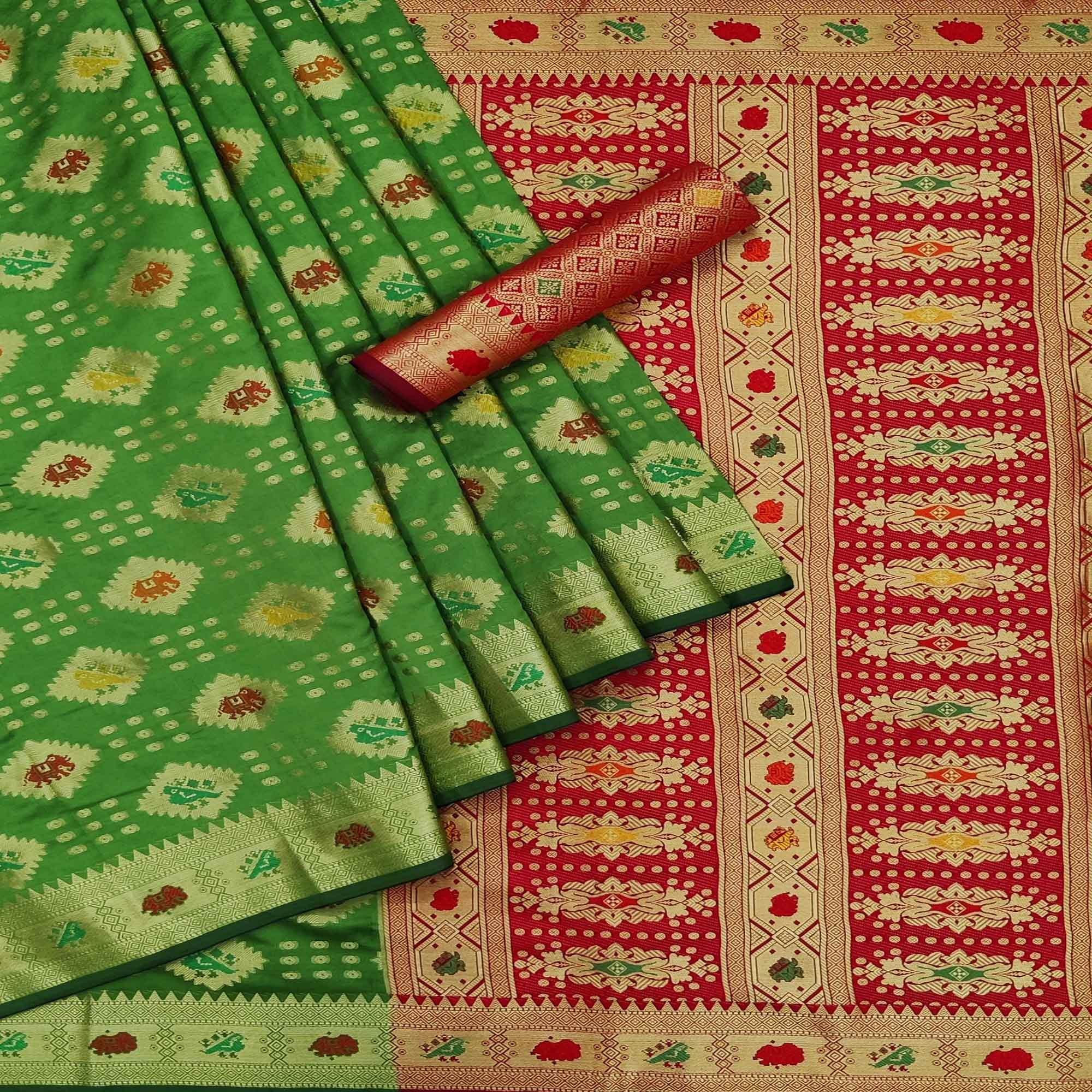 Green Festive Wear Weaving Silk Saree - Peachmode