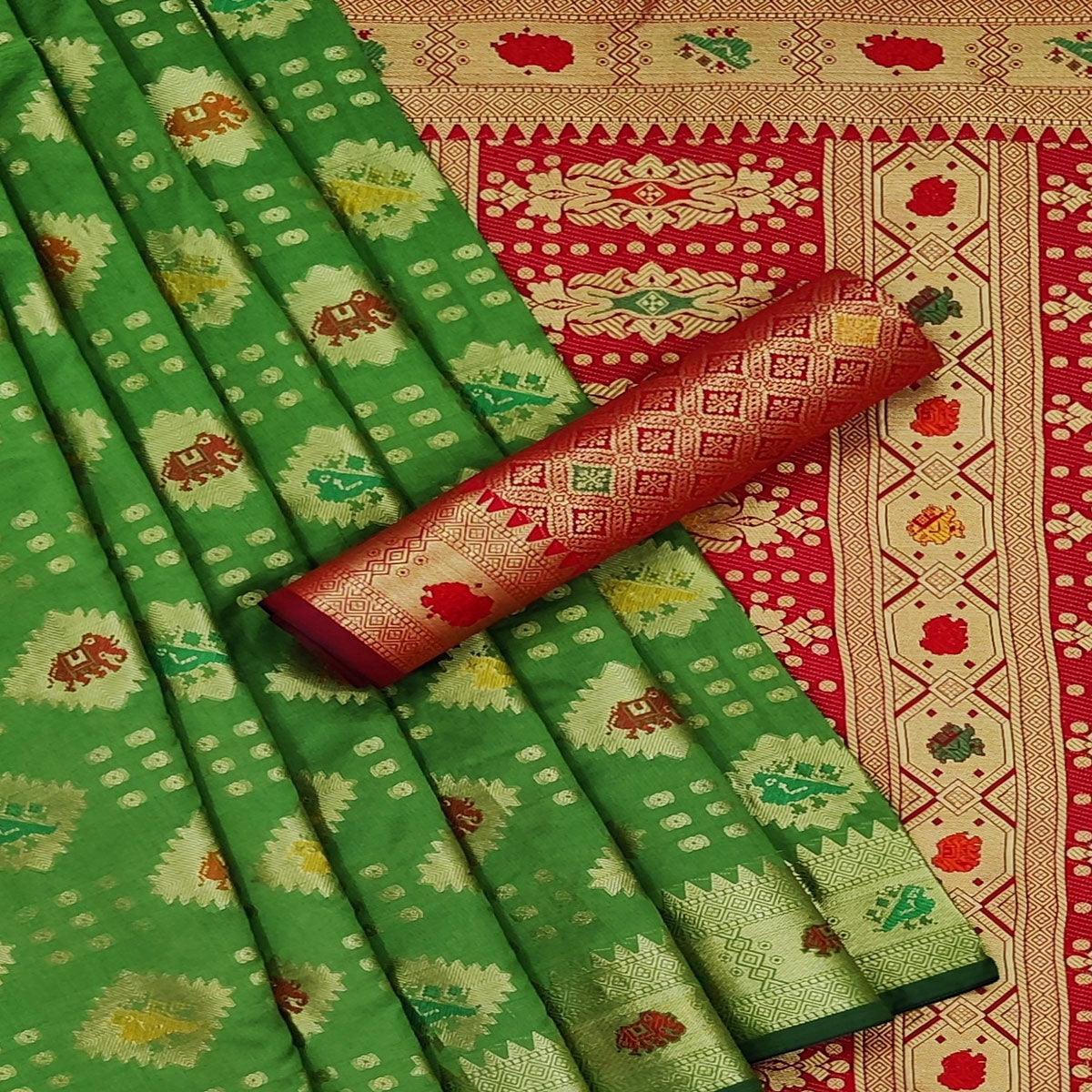 Green Festive Wear Weaving Silk Saree - Peachmode