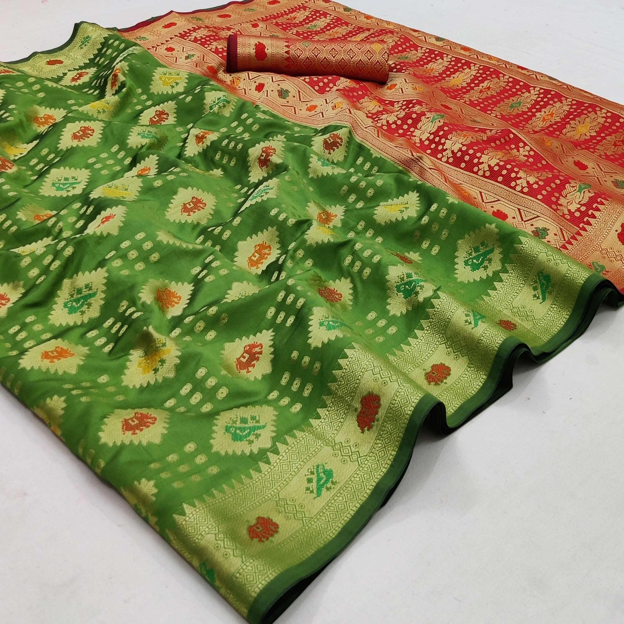 Green Festive Wear Weaving Silk Saree - Peachmode