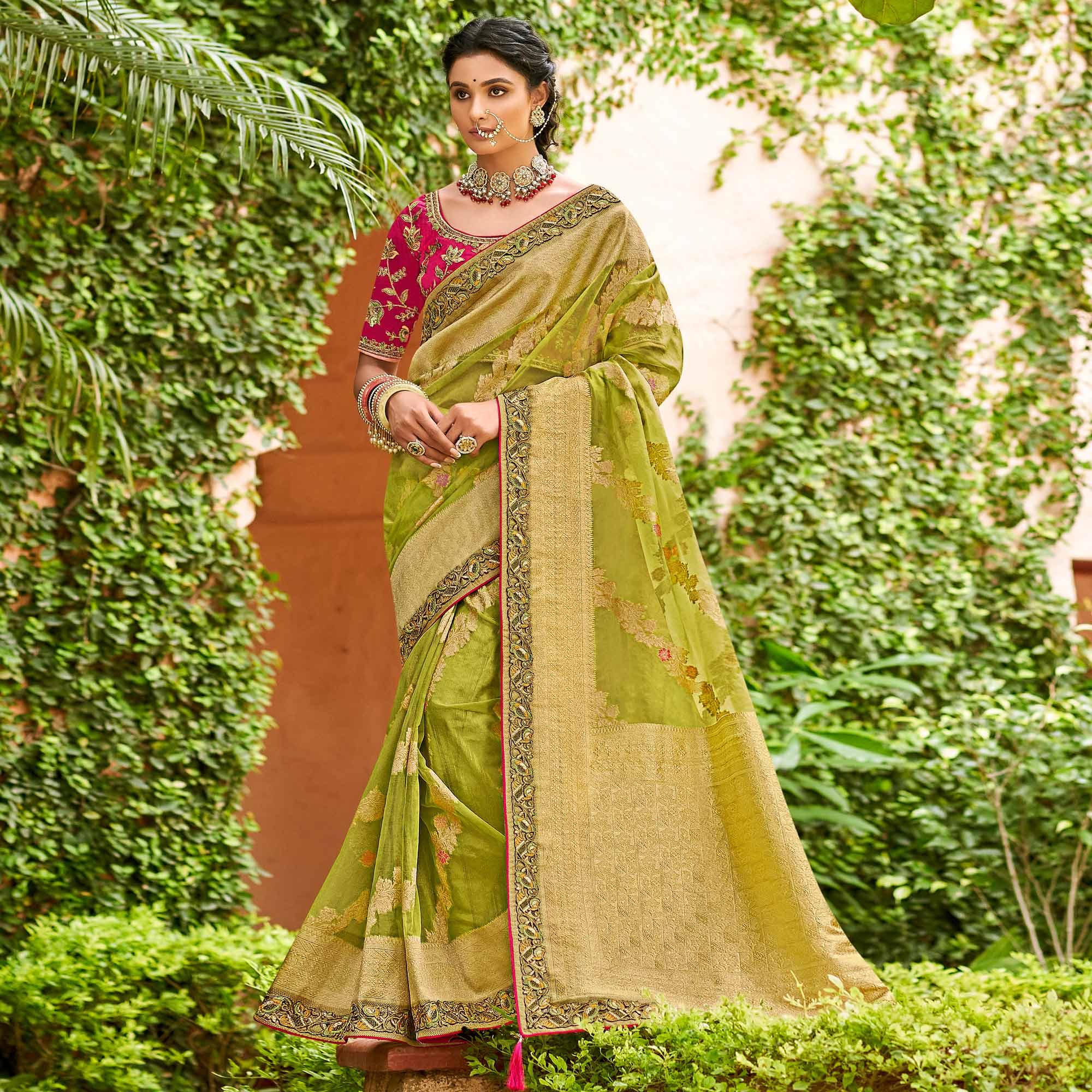 Green Festive Wear Woven & Embroidered Organza Saree - Peachmode