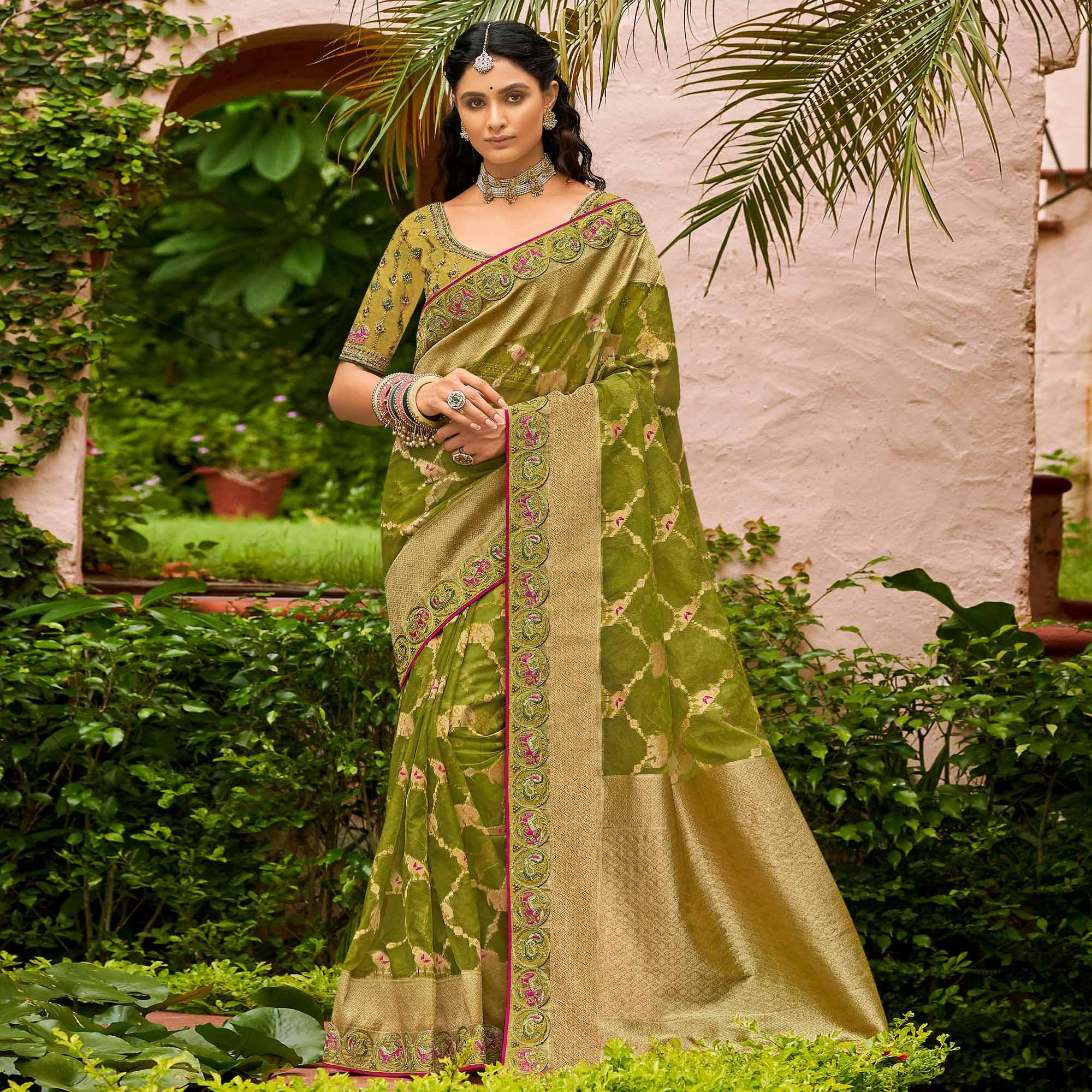 Green Festive Wear Woven & Embroidered Organza Saree - Peachmode