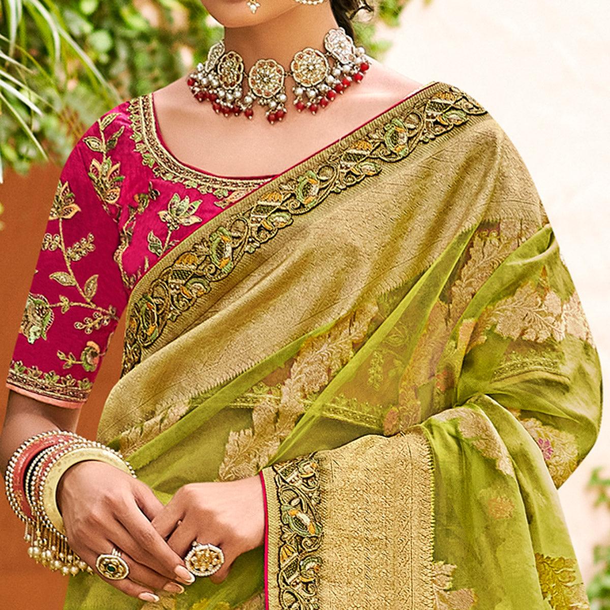 Green Festive Wear Woven & Embroidered Organza Saree - Peachmode