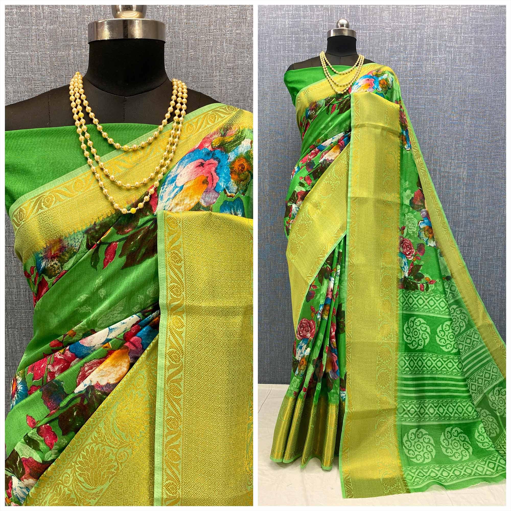 Green Festive Wear Woven & Printed Chanderi Silk Saree - Peachmode