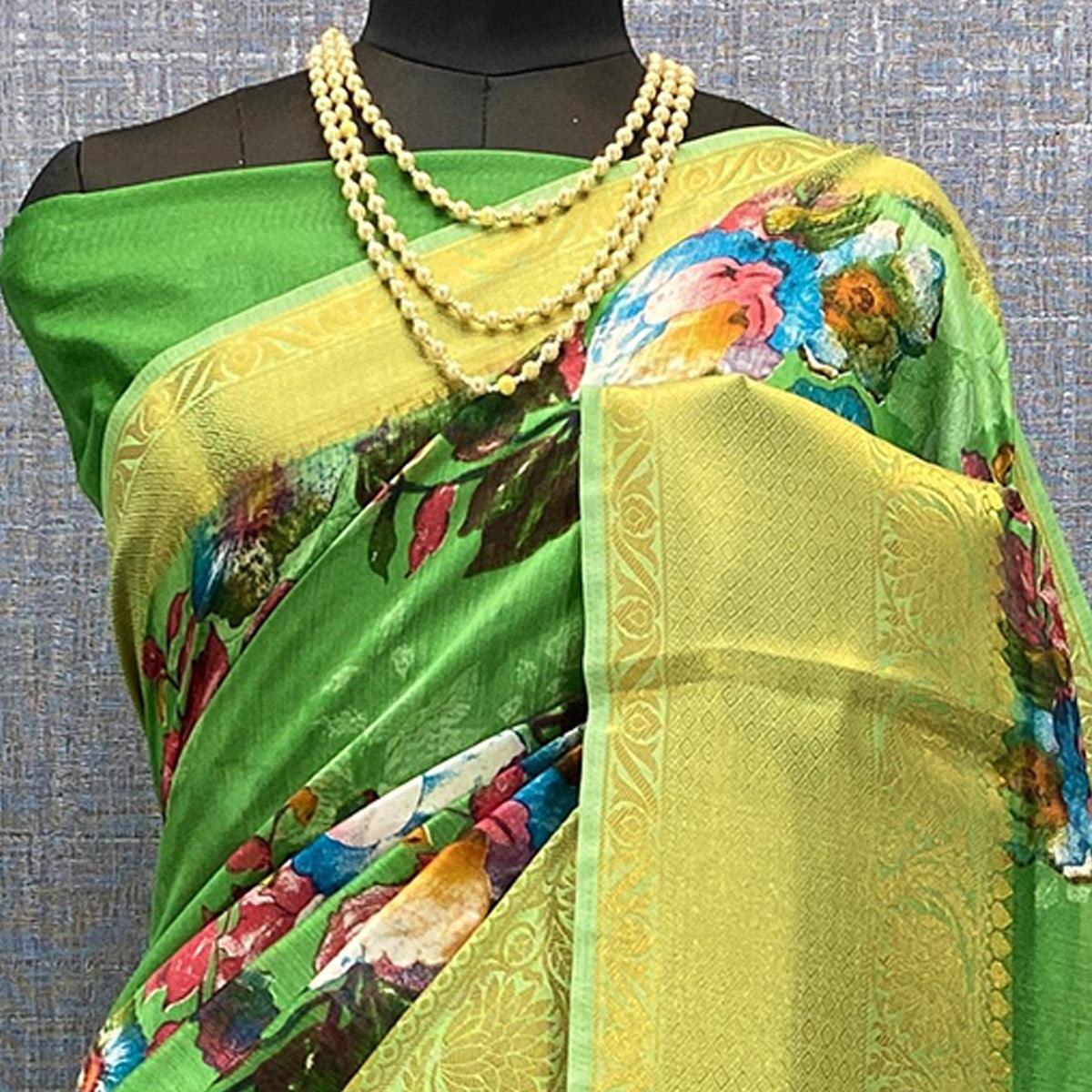 Green Festive Wear Woven & Printed Chanderi Silk Saree - Peachmode