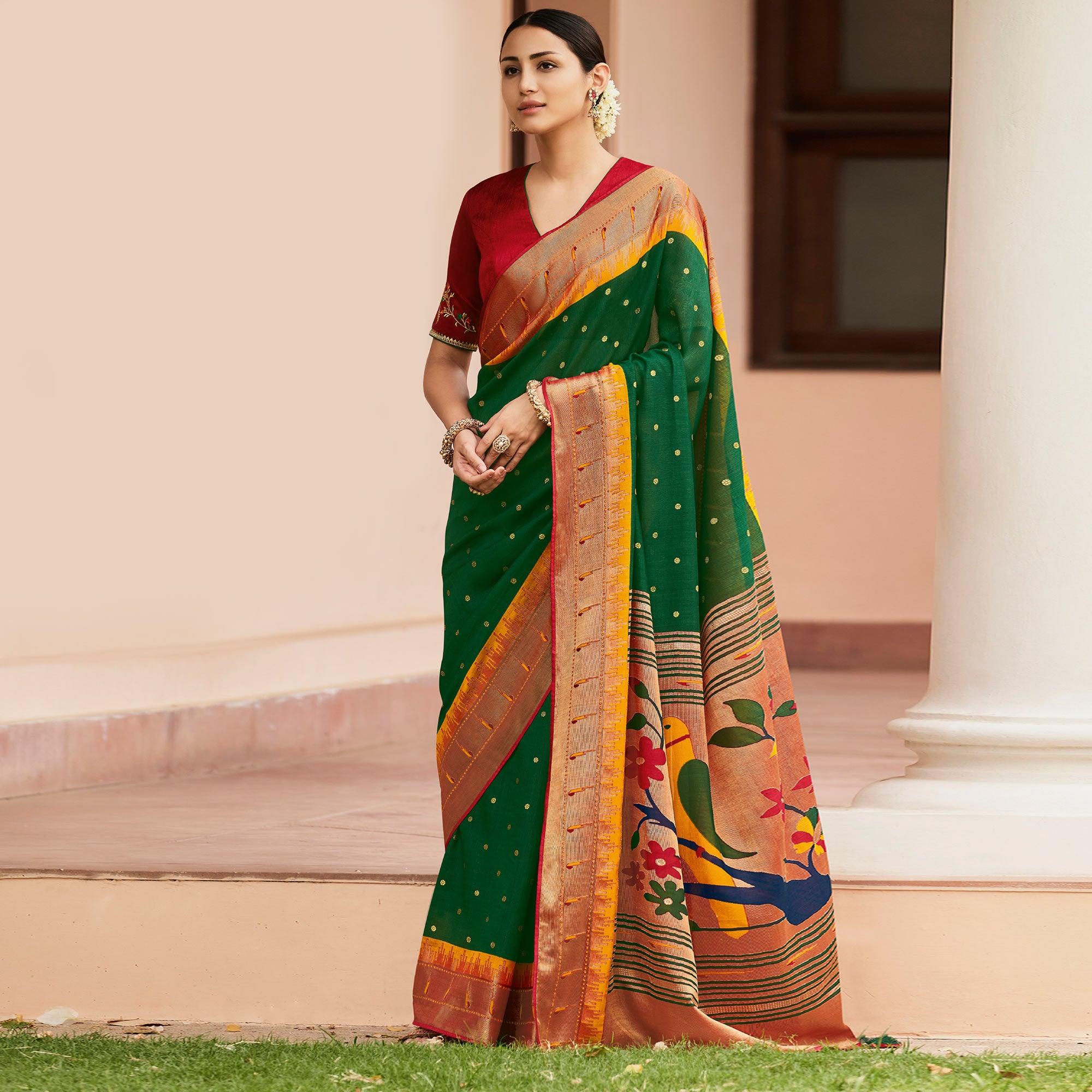 Green Festive Wear Woven & Printed Paithani Silk Saree - Peachmode