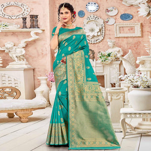 Green Festive Wear Woven Art Silk Sare - Peachmode