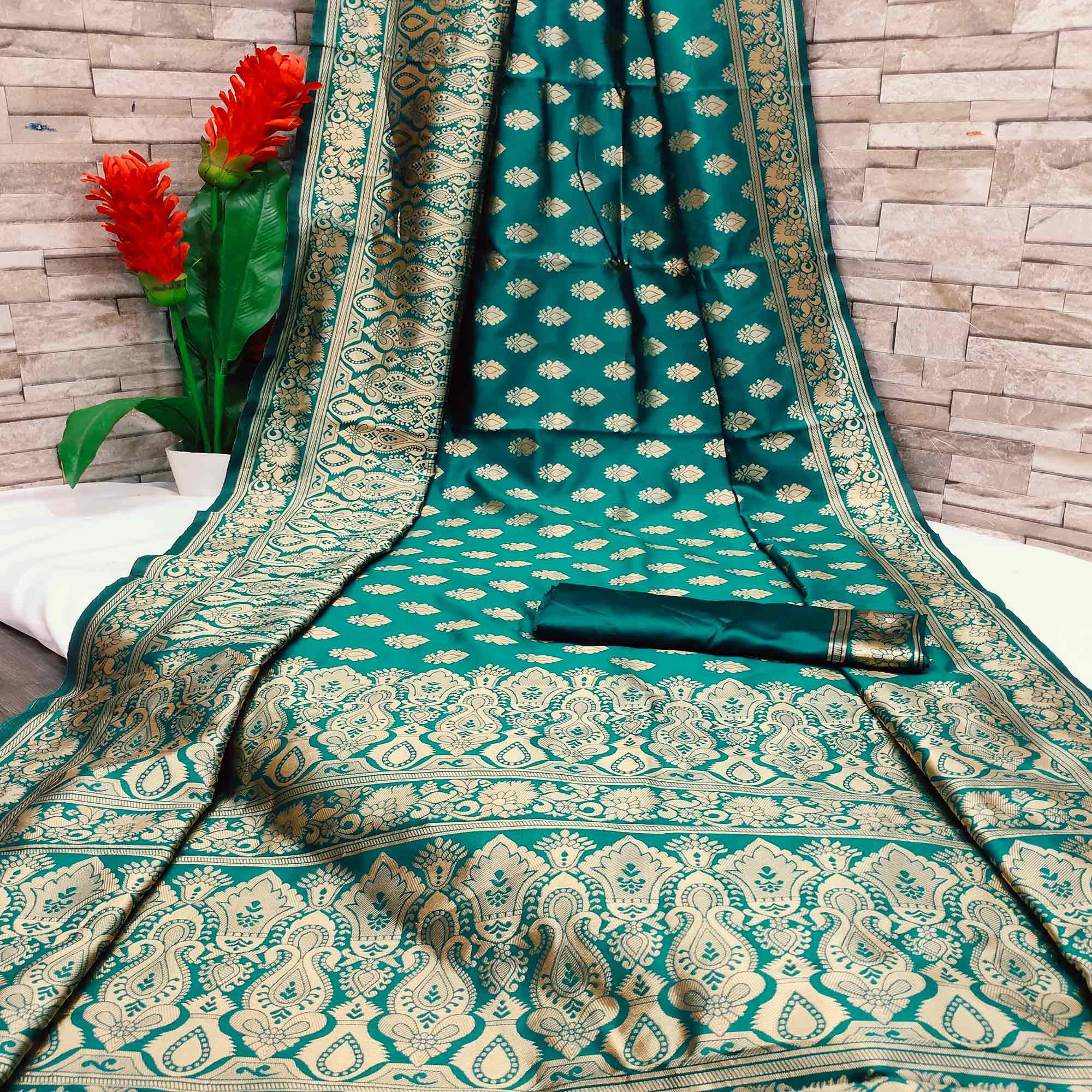 Green Festive Wear Woven Art Silk Saree - Peachmode