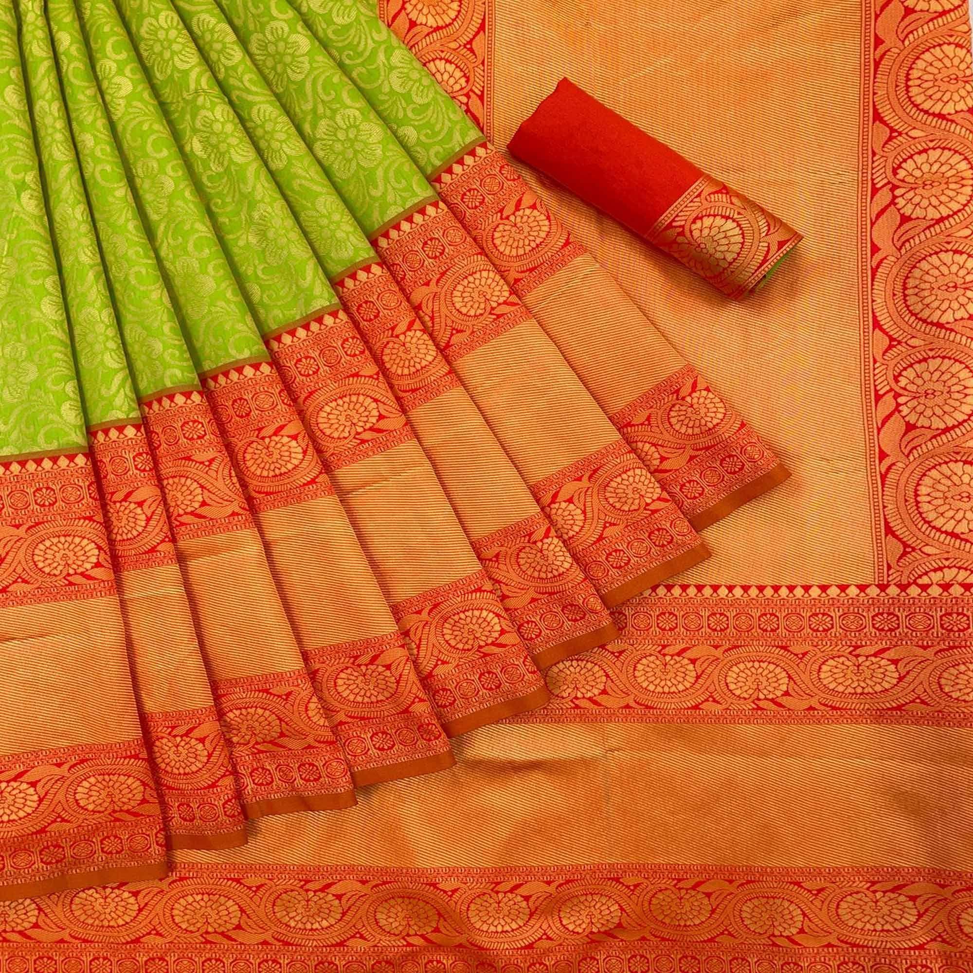 Green Festive Wear Woven Art Silk Saree - Peachmode