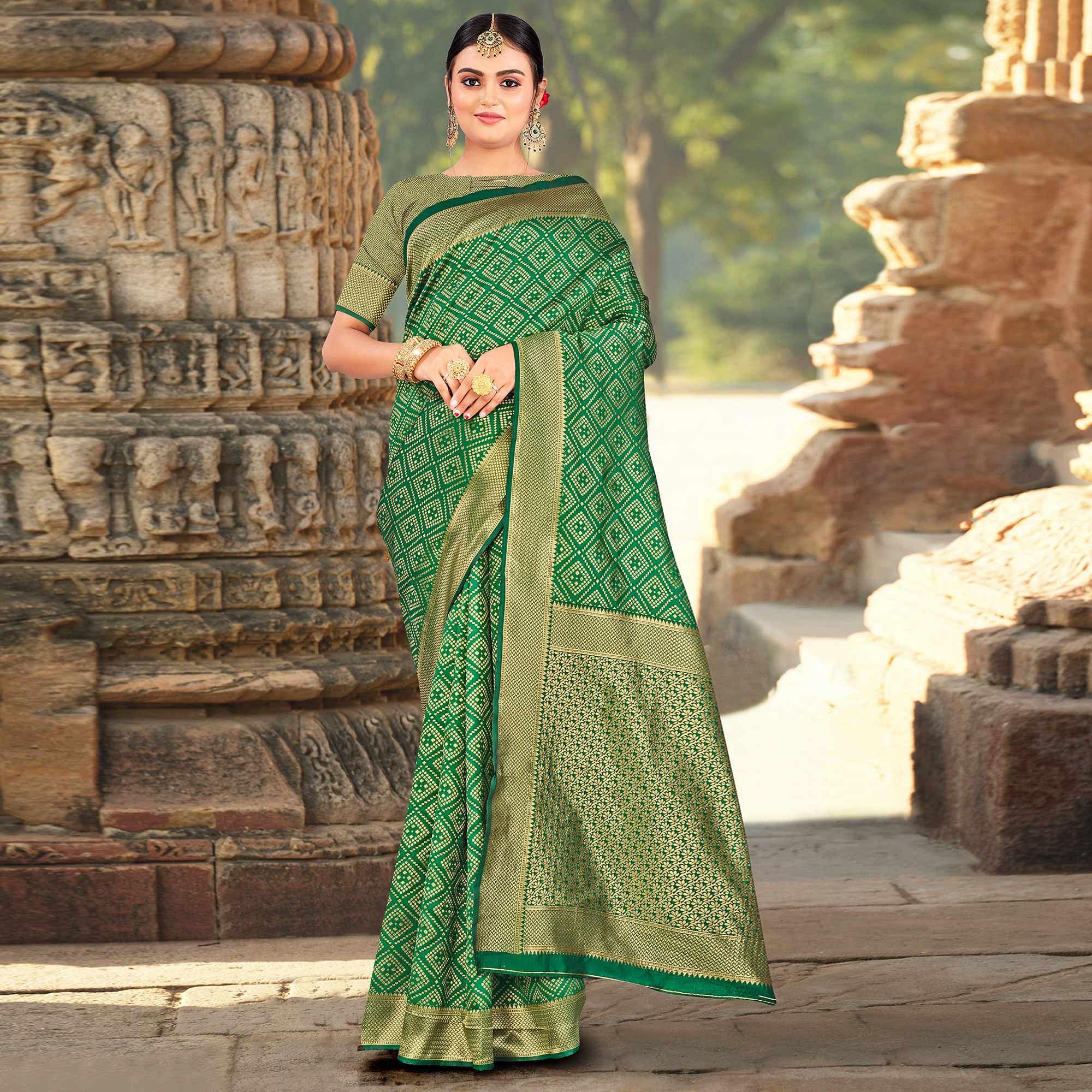 Green Festive Wear Woven Art Silk Saree - Peachmode