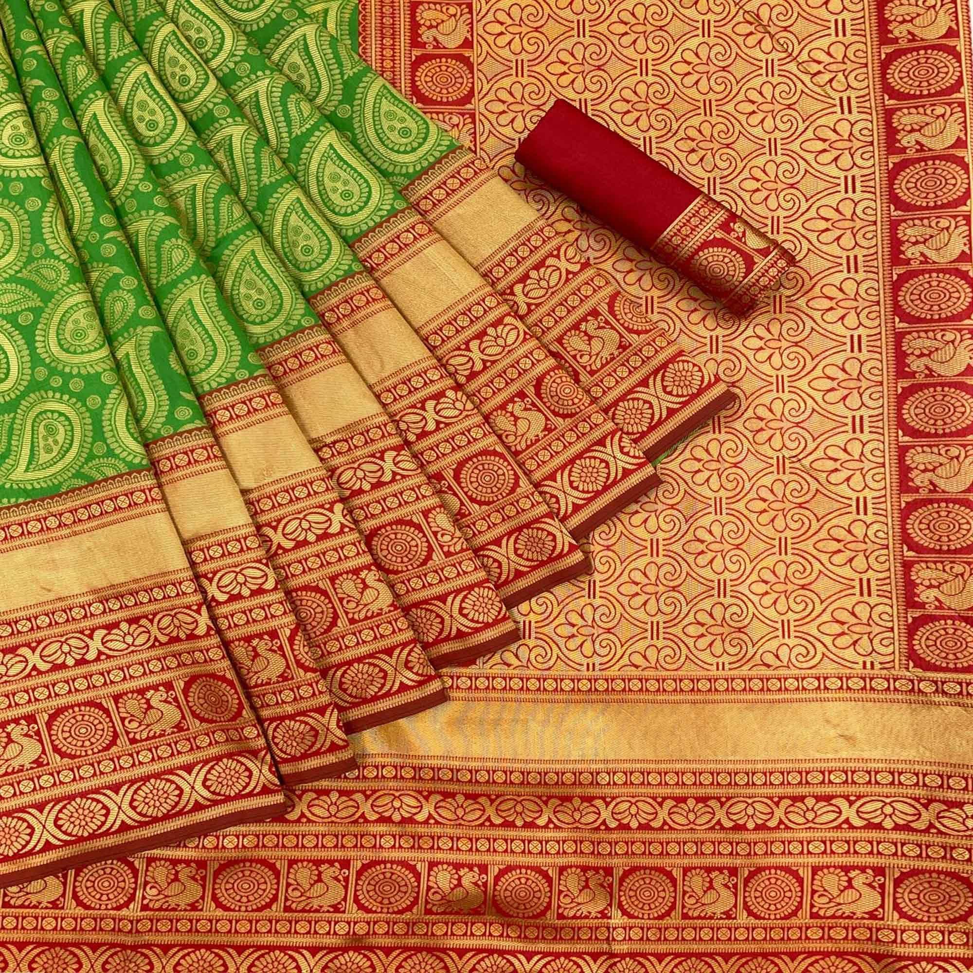 Green Festive Wear Woven Art Silk Saree - Peachmode