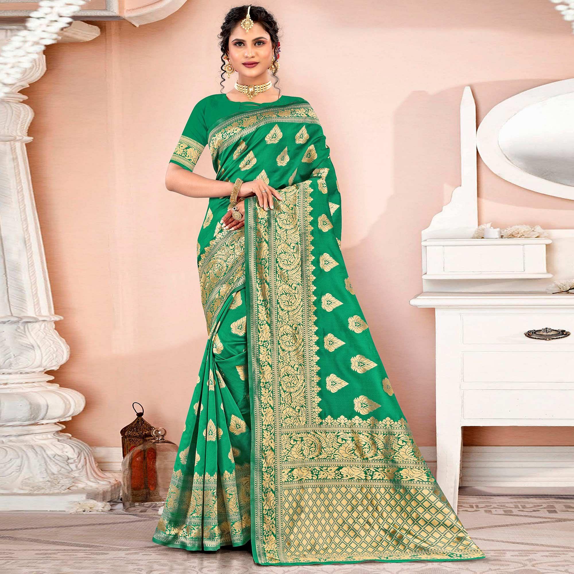 Green Festive Wear Woven Art Silk Saree - Peachmode