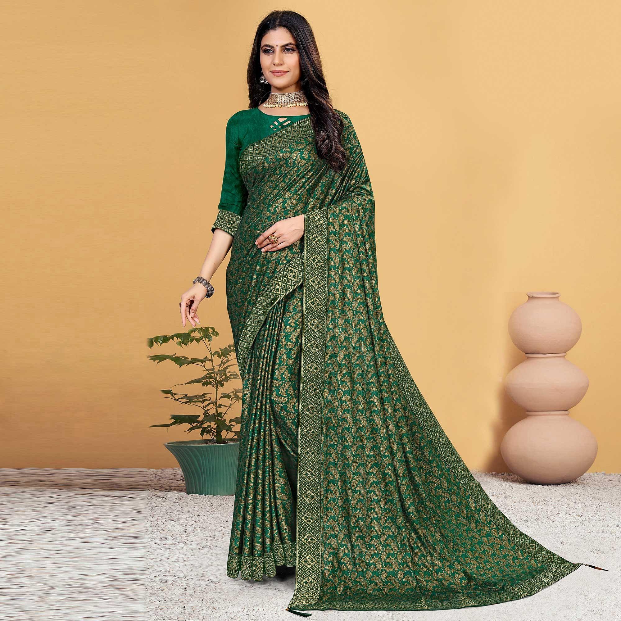 Green Festive Wear Woven Art Silk Saree - Peachmode