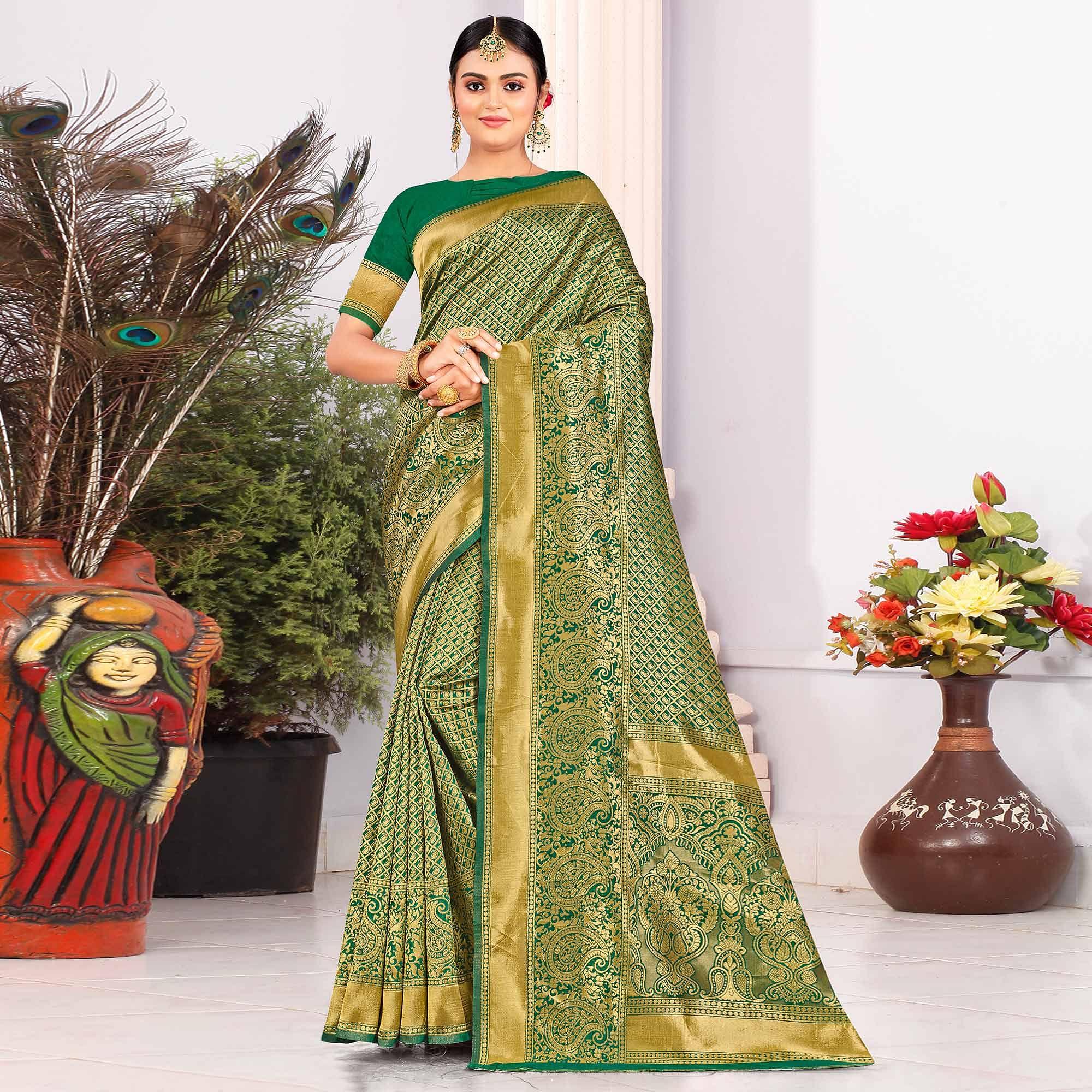 Green Festive Wear Woven Art Silk Saree - Peachmode
