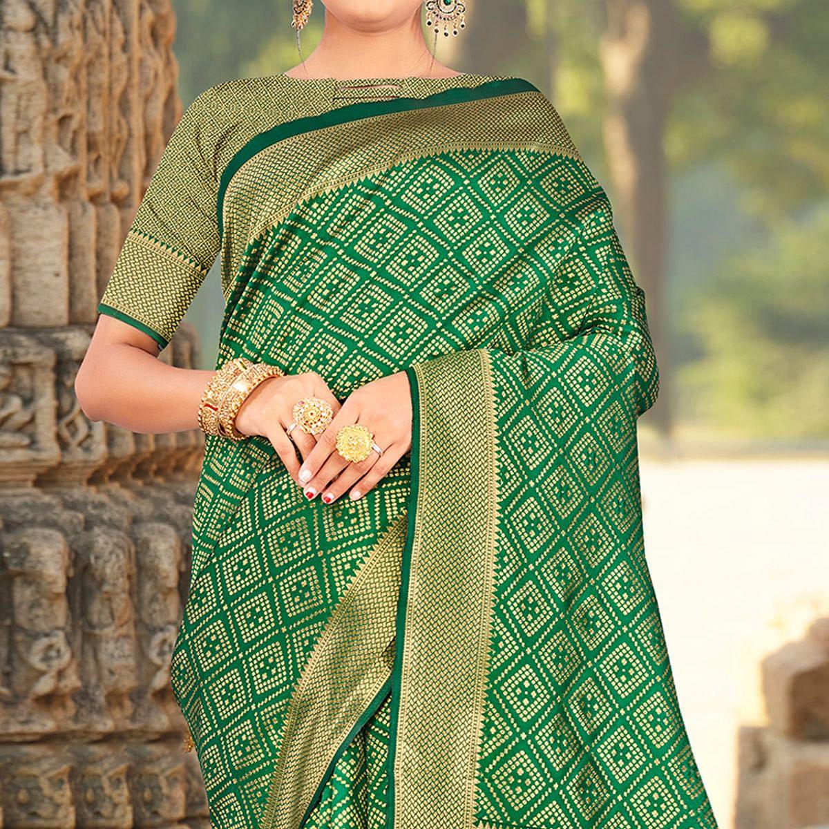 Green Festive Wear Woven Art Silk Saree - Peachmode