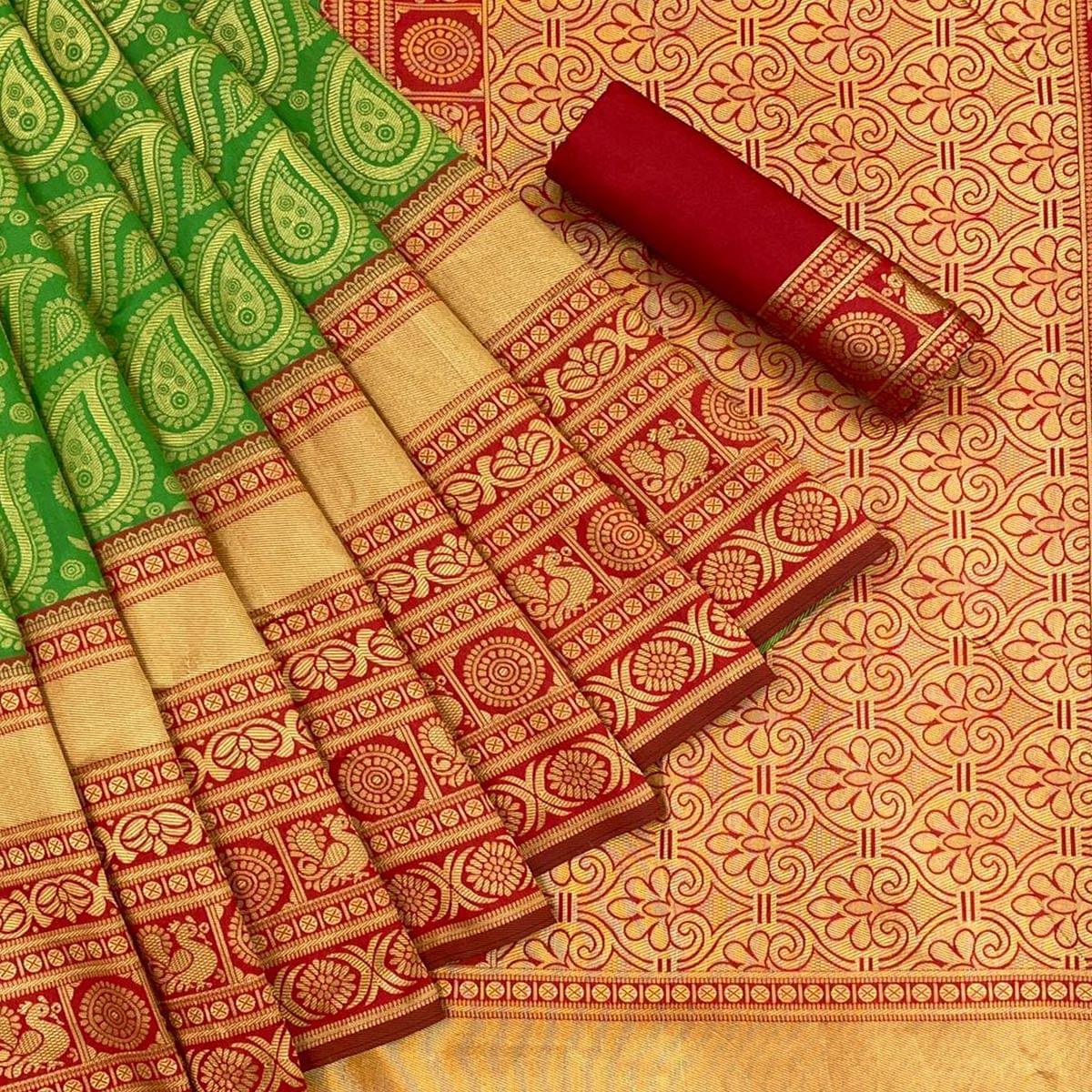 Green Festive Wear Woven Art Silk Saree - Peachmode