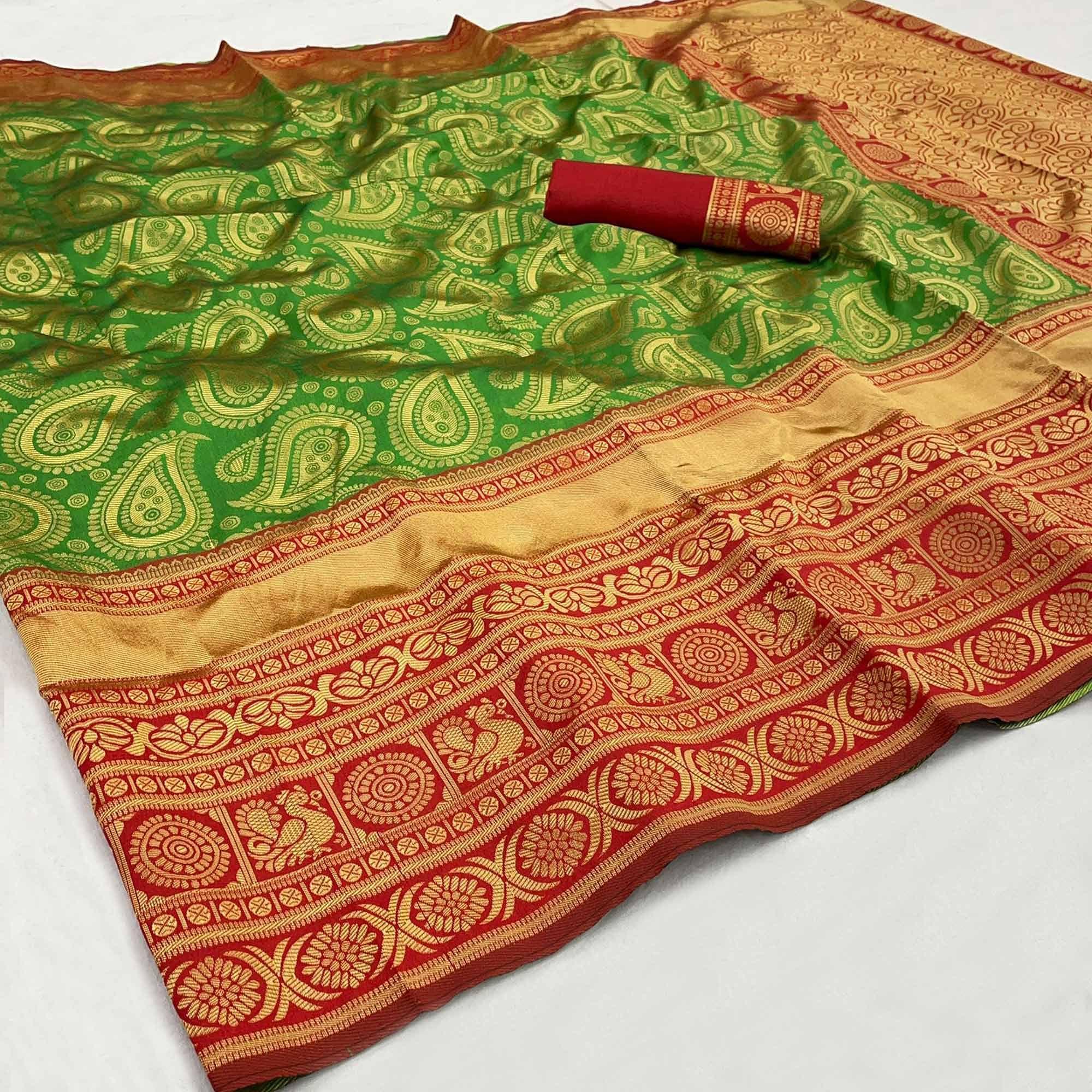 Green Festive Wear Woven Art Silk Saree - Peachmode