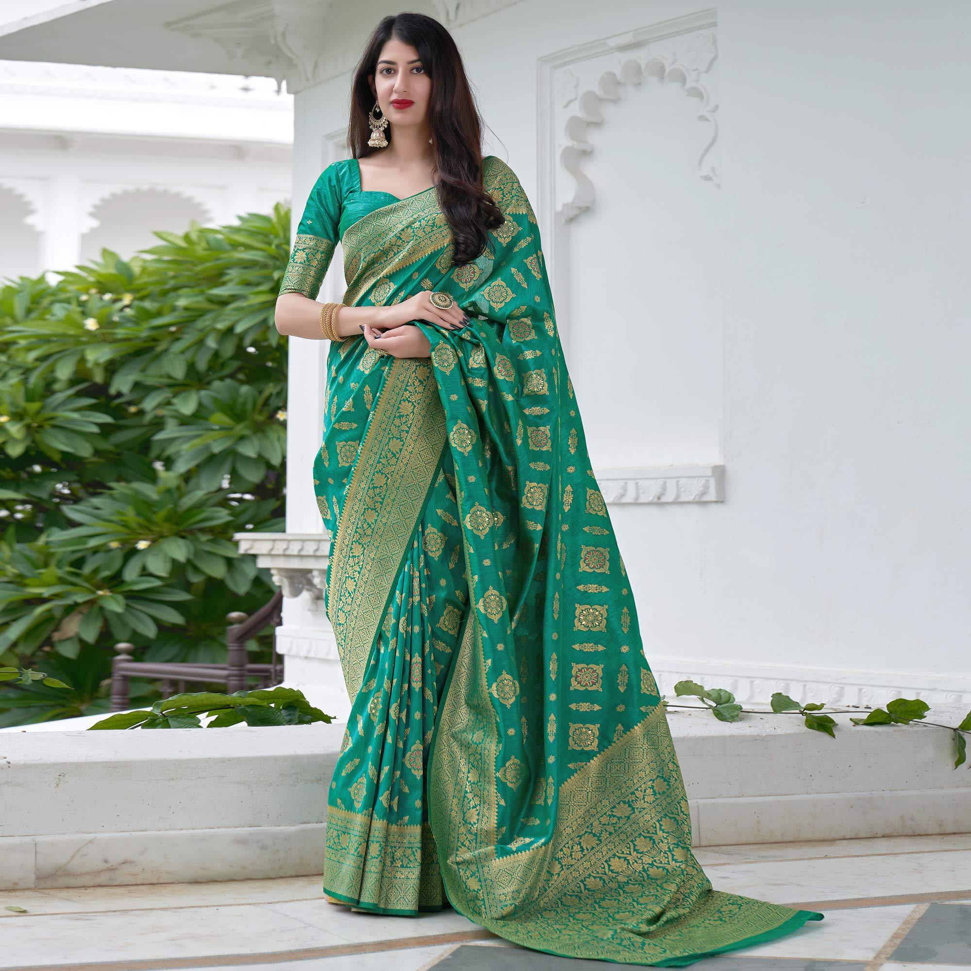 Green Festive Wear Woven Banarasi Art Silk Saree - Peachmode