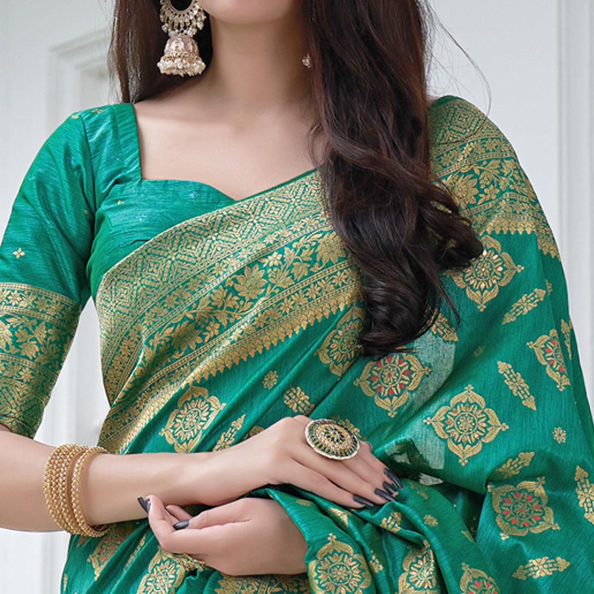 Green Festive Wear Woven Banarasi Art Silk Saree - Peachmode