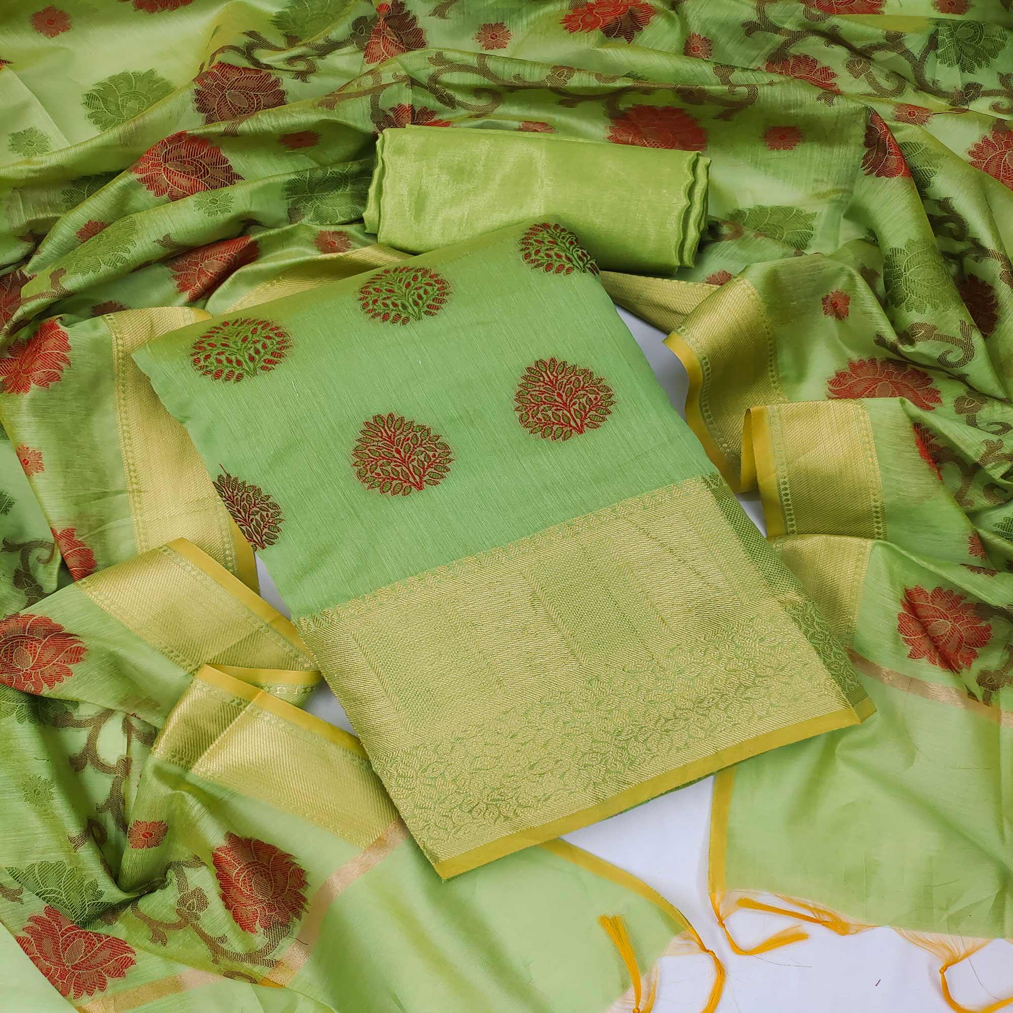 Green Festive Wear Woven Banarasi Jacquard Dress Material - Peachmode