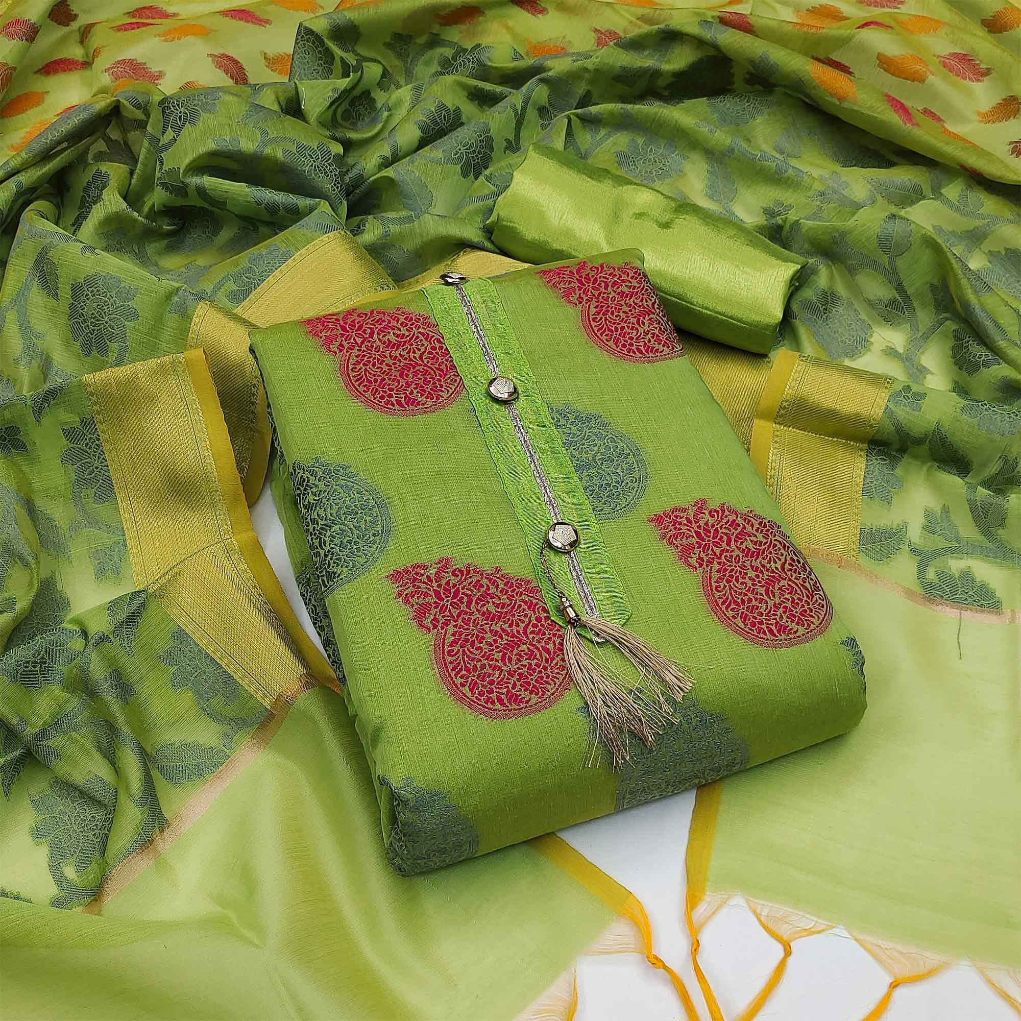 Green Festive Wear Woven Banarasi Jacquard Dress Material - Peachmode