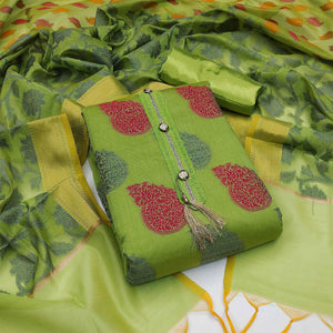 Green Festive Wear Woven Banarasi Jacquard Dress Material - Peachmode