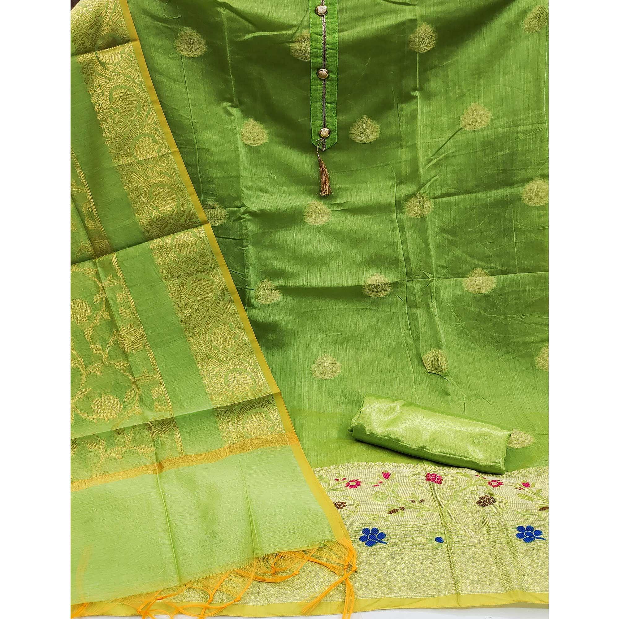 Green Festive Wear Woven Banarasi Jacquard Dress Material - Peachmode