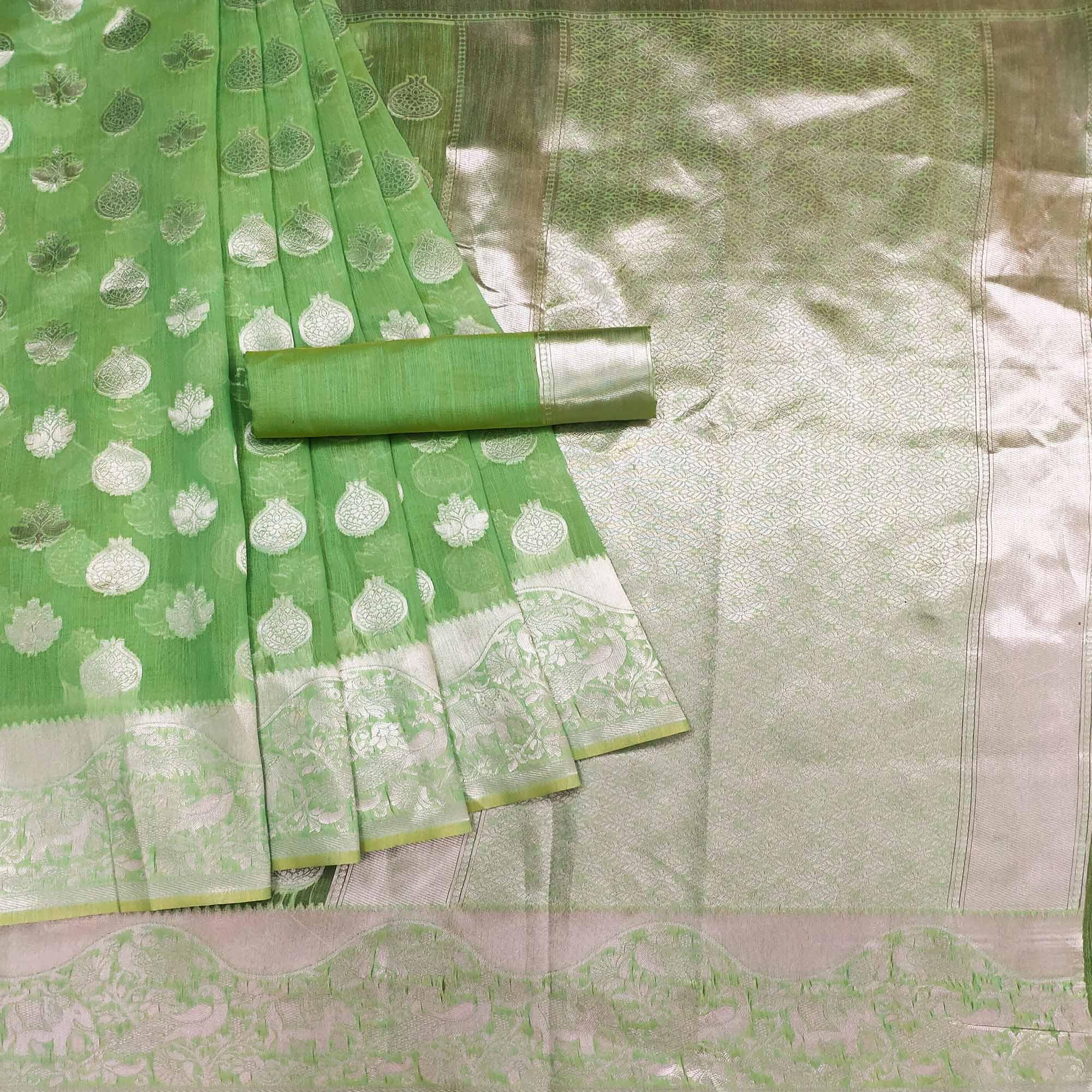 Green Festive Wear Woven Banarasi Saree - Peachmode