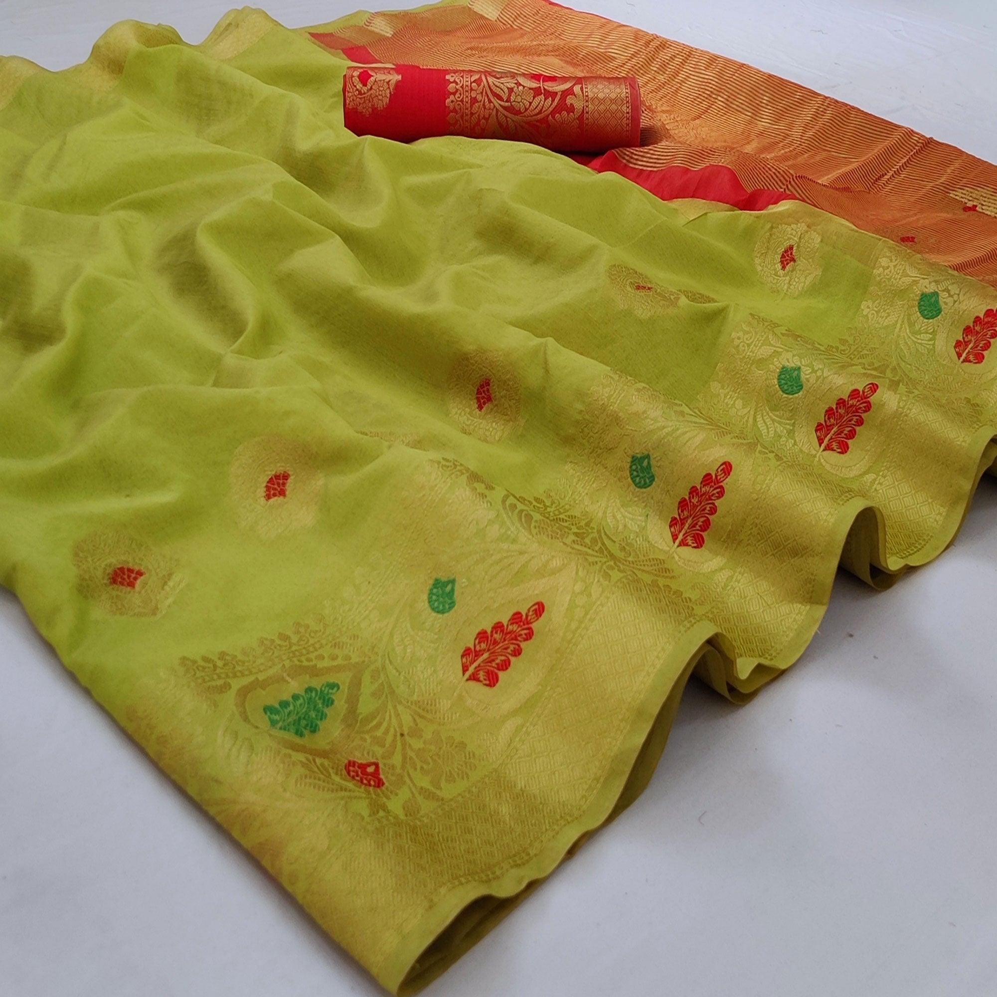 Green Festive Wear Woven Banarasi Saree With Butta And Jacquard Border - Peachmode
