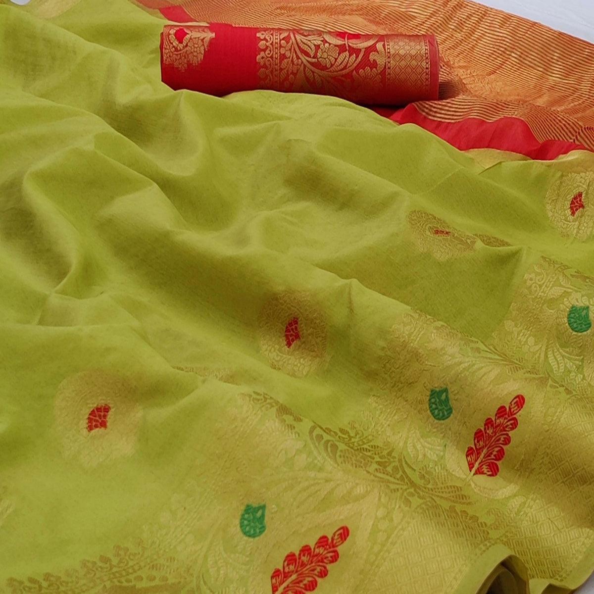Green Festive Wear Woven Banarasi Saree With Butta And Jacquard Border - Peachmode