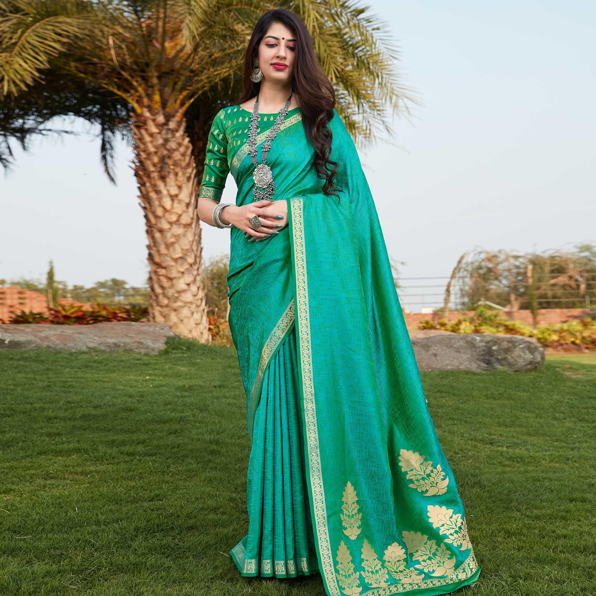 Green Festive Wear Woven Banarasi Satin Saree - Peachmode