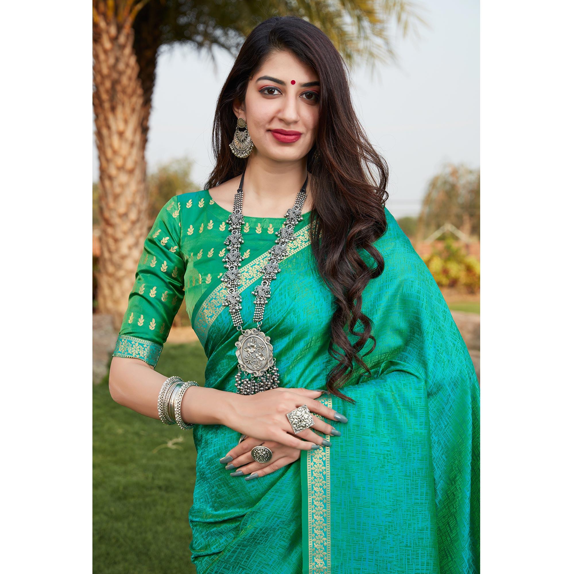 Green Festive Wear Woven Banarasi Satin Saree - Peachmode
