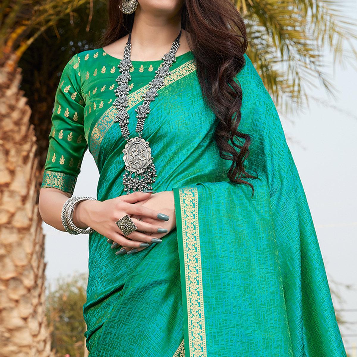 Green Festive Wear Woven Banarasi Satin Saree - Peachmode
