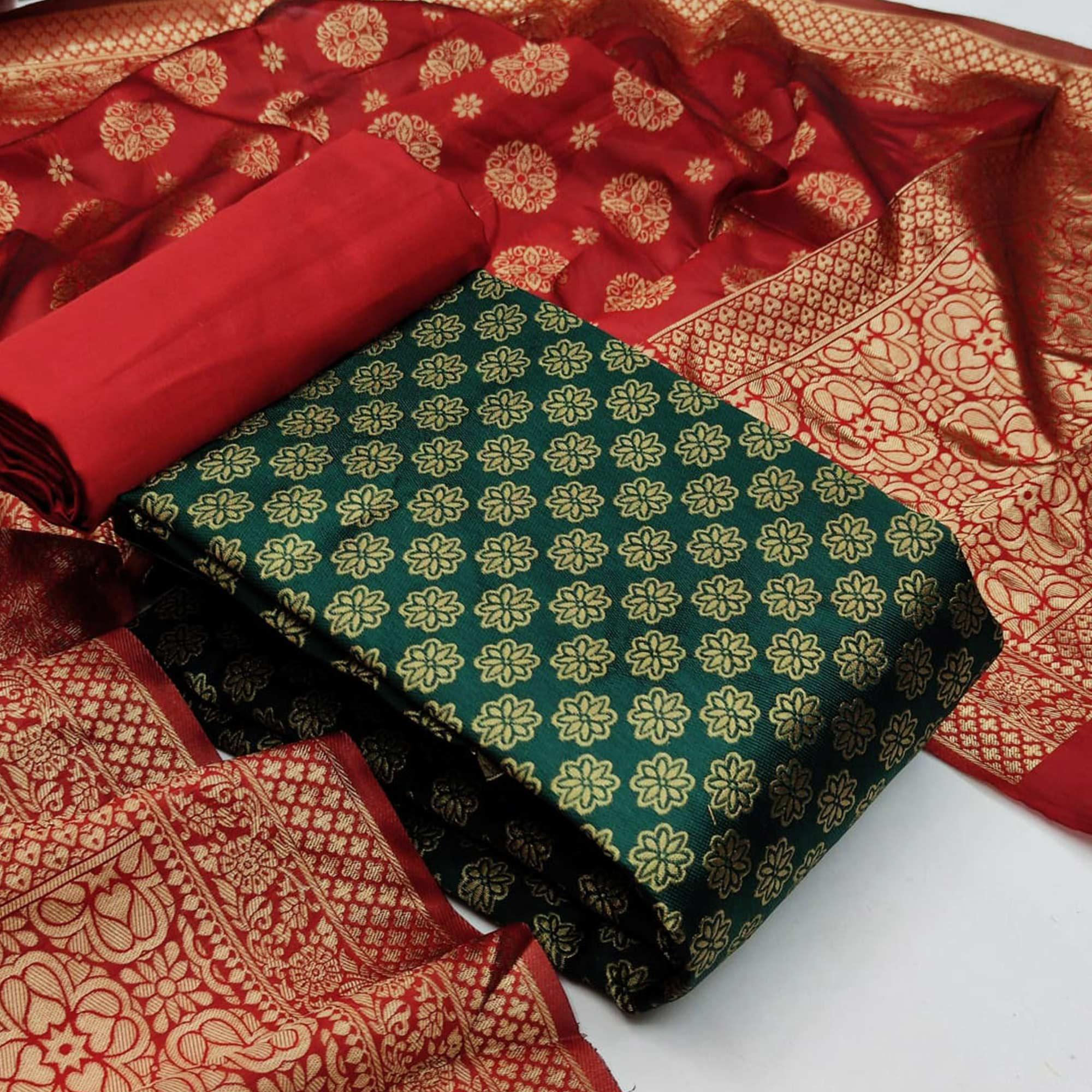 Green Festive Wear Woven Banarasi Silk Dress Material - Peachmode