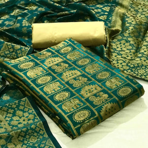 Green Festive Wear Woven Banarasi Silk Dress Material - Peachmode