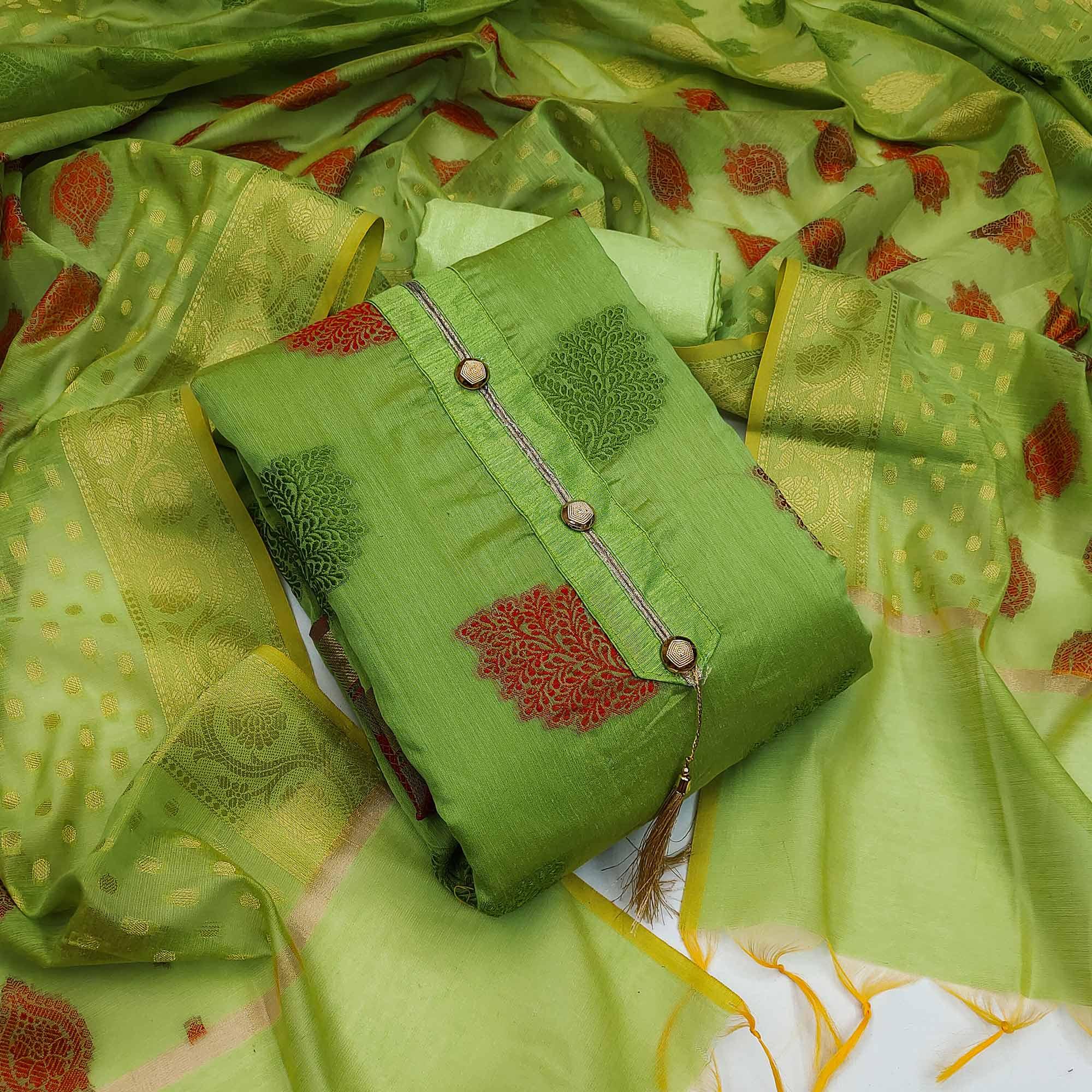 Green Festive Wear Woven Banarasi Silk Dress Material - Peachmode