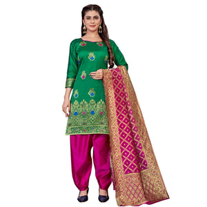 Green Festive Wear Woven Banarasi Silk Dress Material - Peachmode